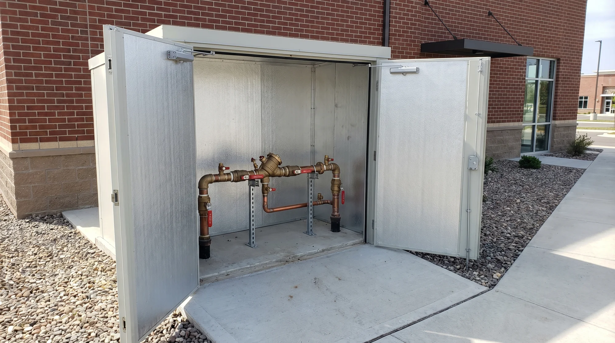 Outdoor backflow preventer assembly protected by an insulated metal enclosure with open service doors