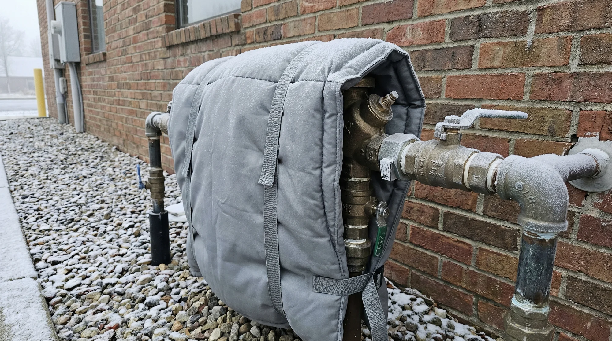 Insulated outdoor backflow preventer assembly near a building wall during cold weather