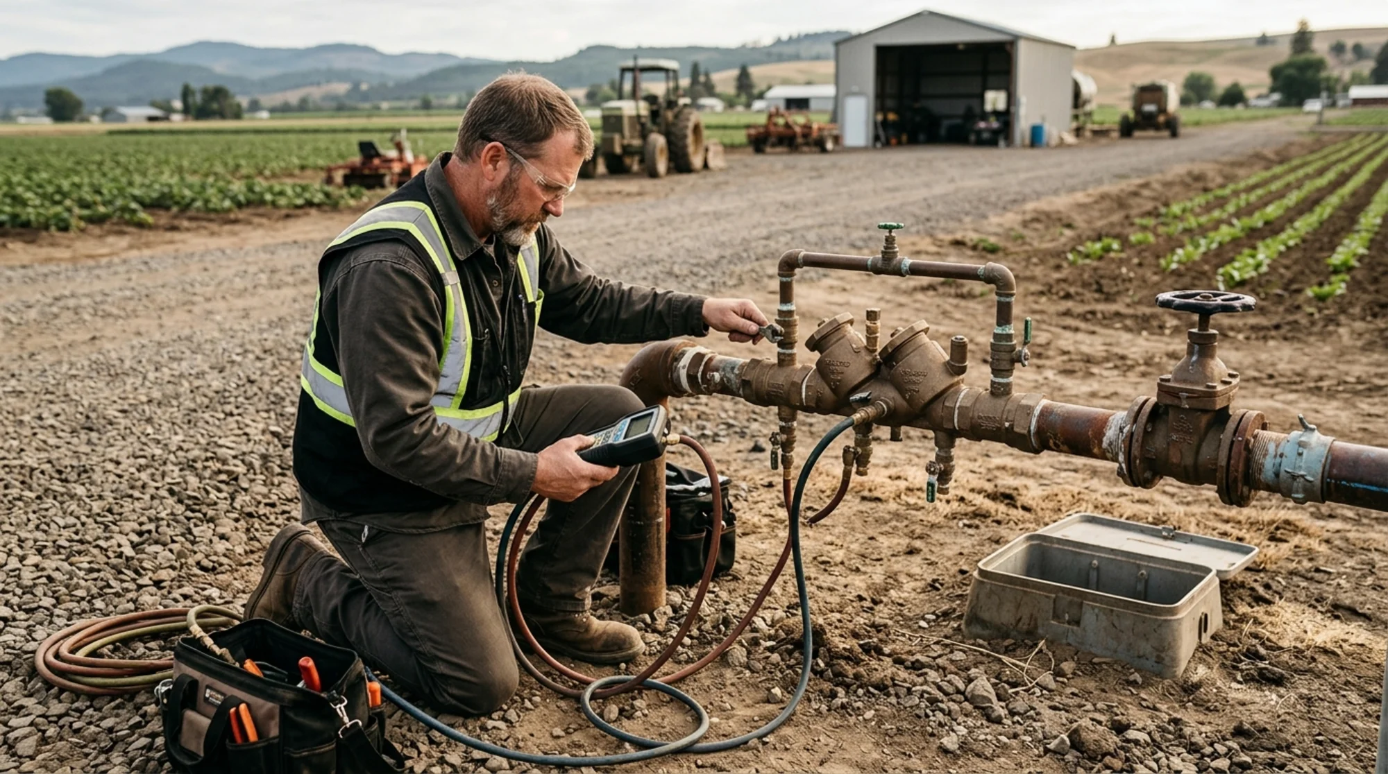 Certified backflow tester inspecting a backflow assembly at an agricultural property near an irrigation connection