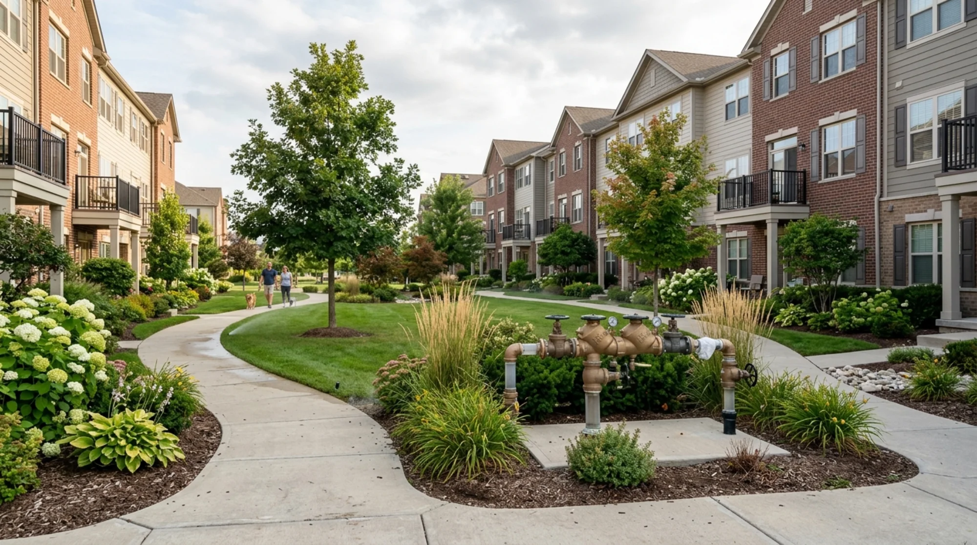 Condo community common area with a shared irrigation backflow prevention assembly near landscaped grounds