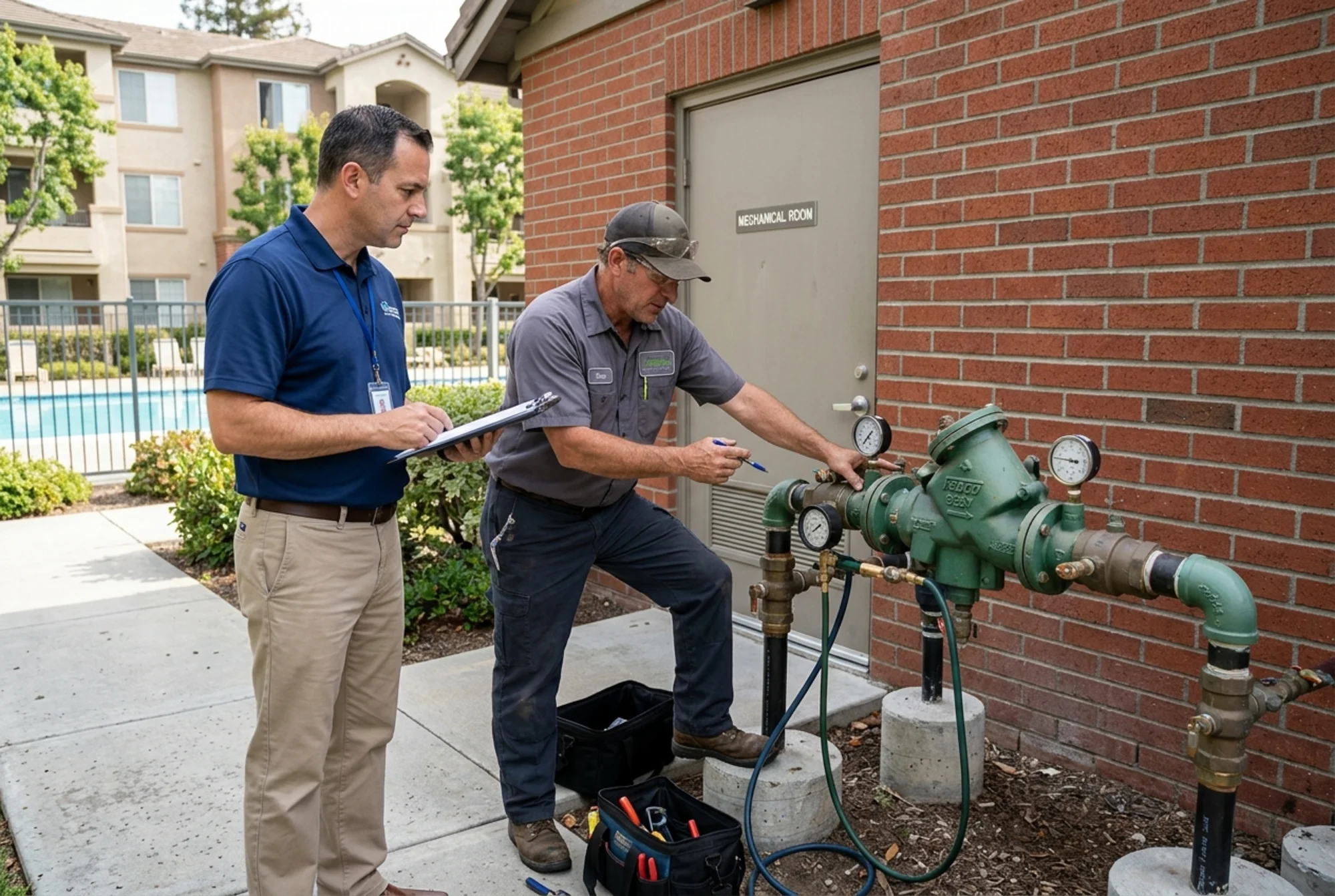 Condo community common area with a shared irrigation backflow prevention assembly near landscaped grounds