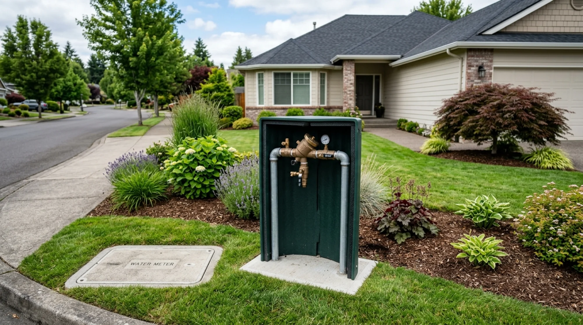 Residential lawn irrigation backflow prevention assembly installed near a water meter at a landscaped property