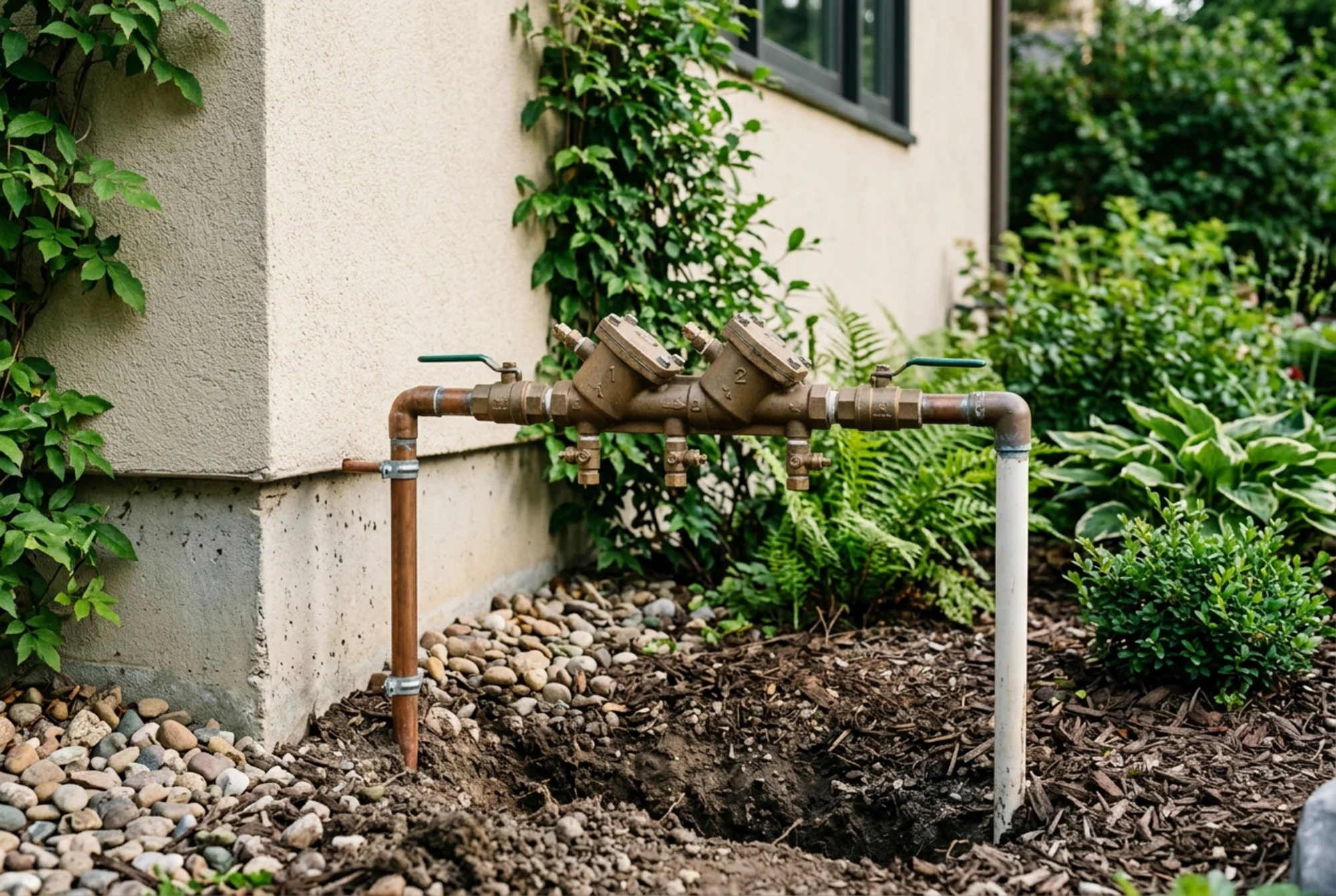Residential lawn irrigation backflow prevention assembly installed near a water meter at a landscaped property