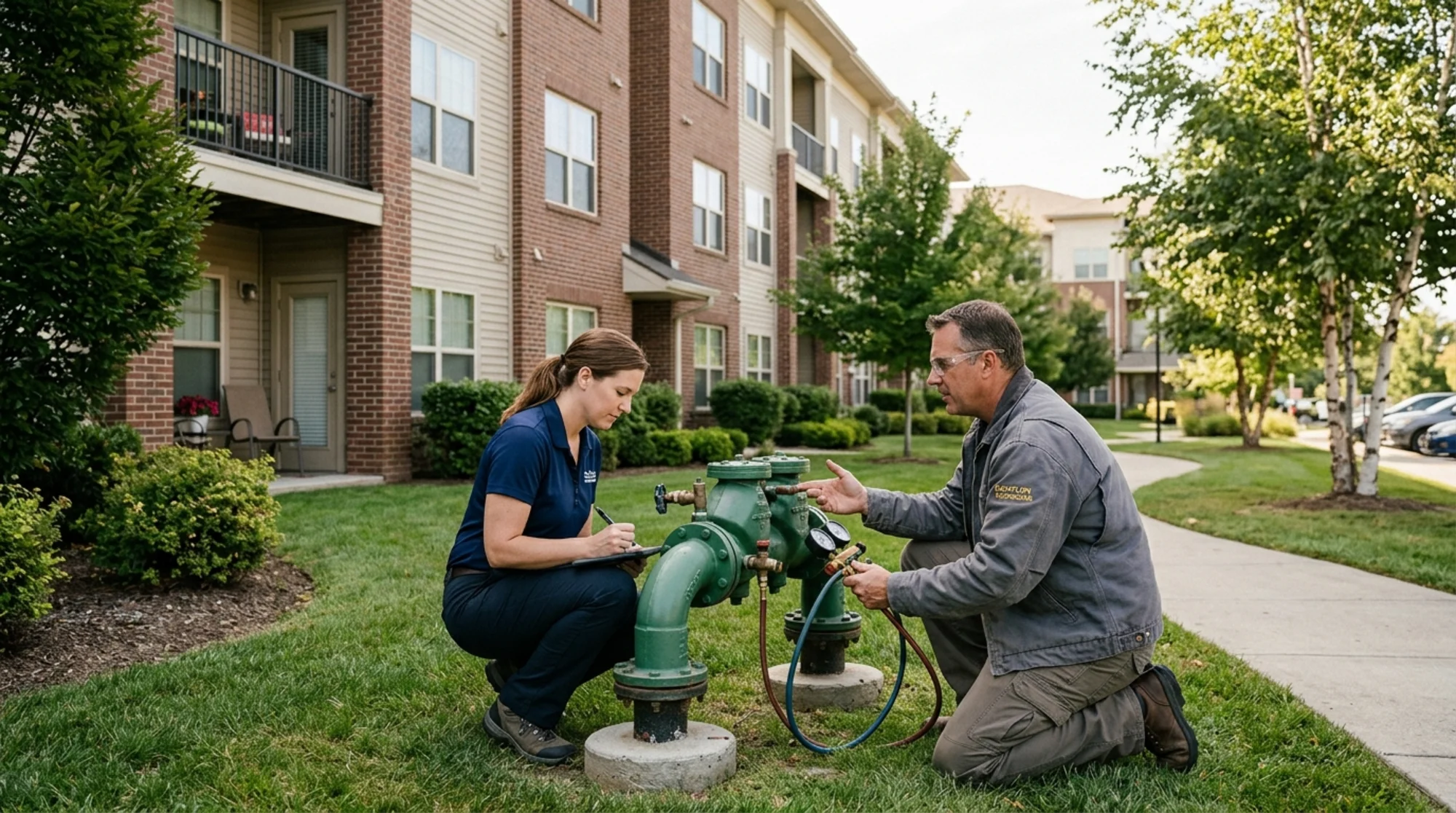 Apartment property manager and certified backflow tester inspecting a backflow prevention assembly outside a multi-family residential building