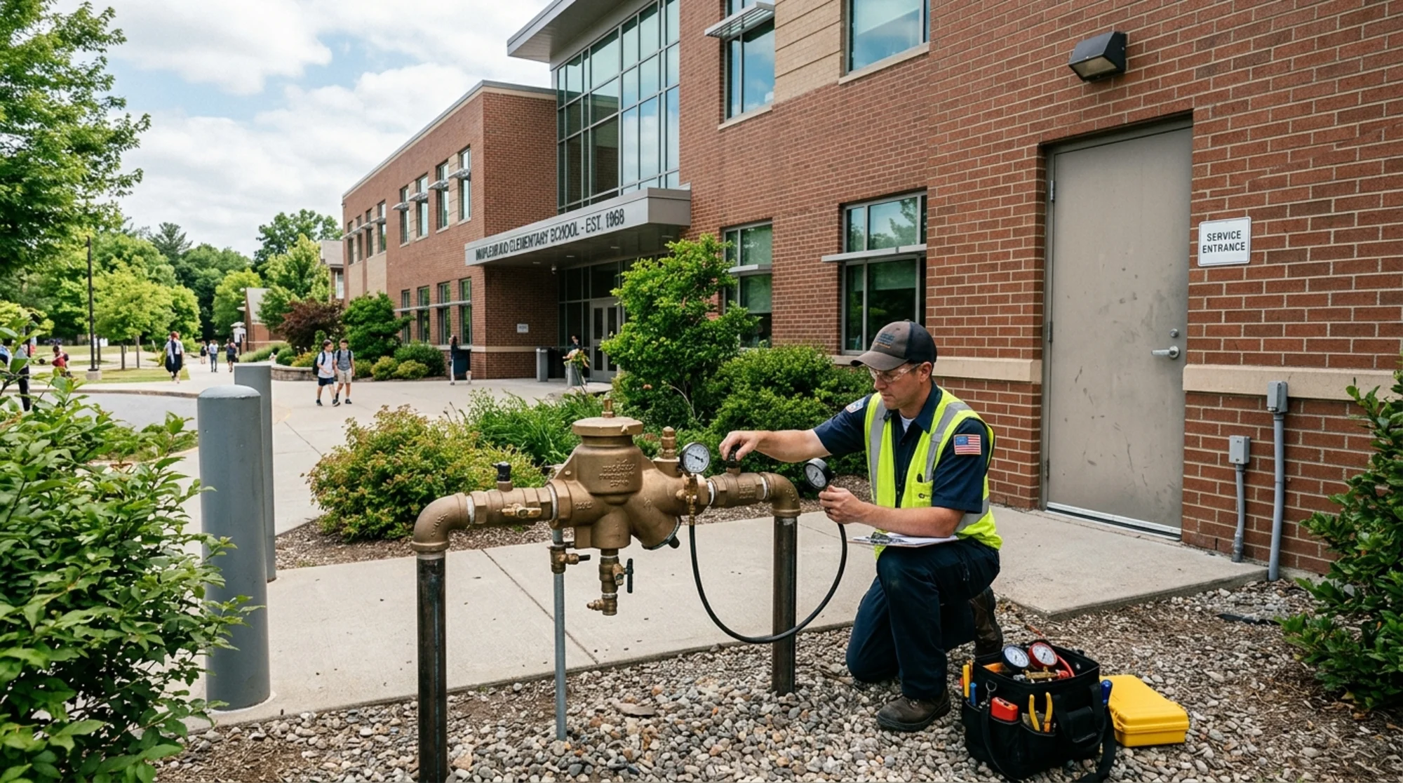 School campus service area with a certified tester inspecting an exterior backflow prevention assembly