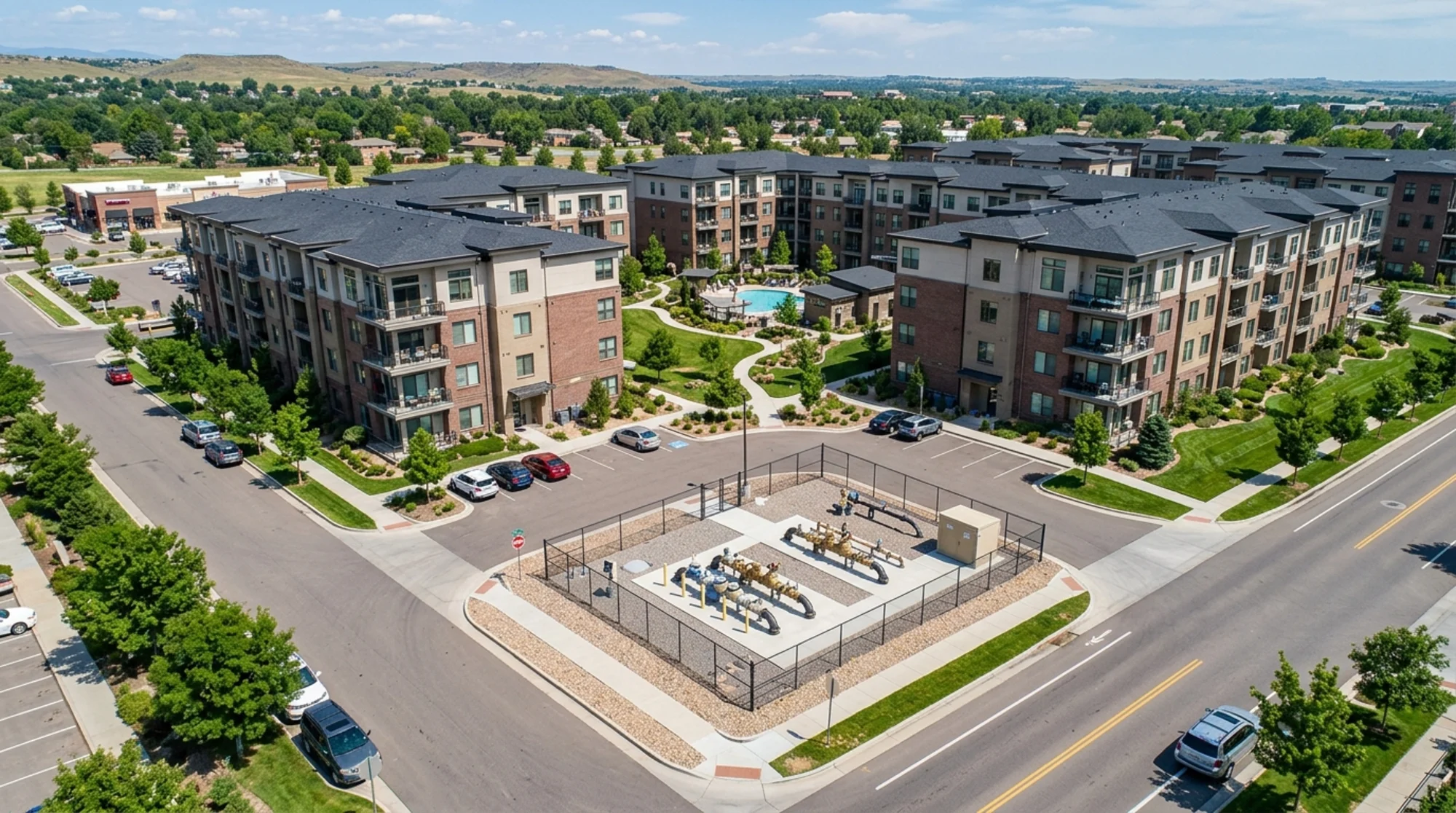 Aerial view of modern apartment complex showing backflow prevention assemblies and water meter installations for multi-unit residential safety