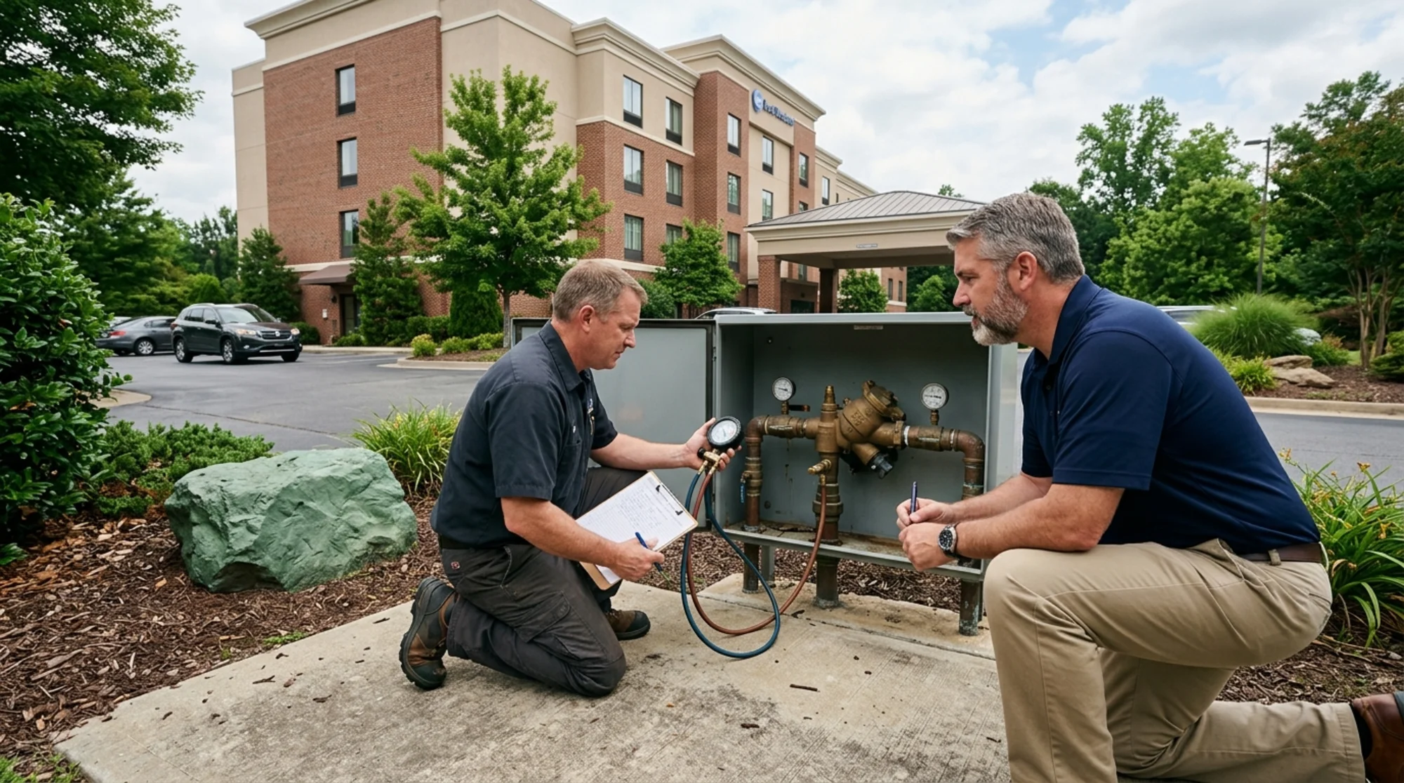 Hotel property manager and certified backflow tester inspecting a backflow assembly near a hospitality building water service