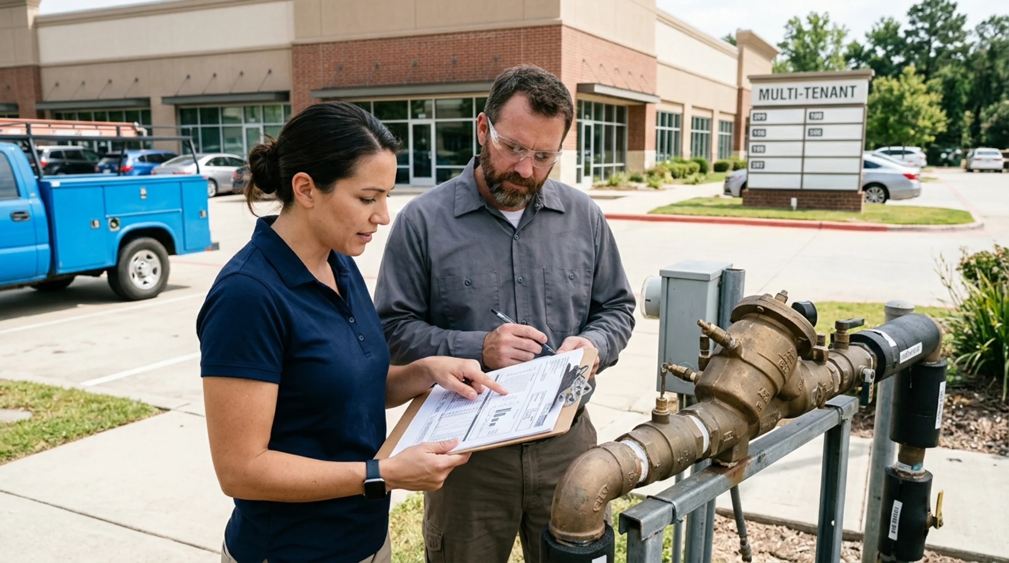 Property manager and certified backflow tester comparing a backflow test report with service address records beside a commercial assembly