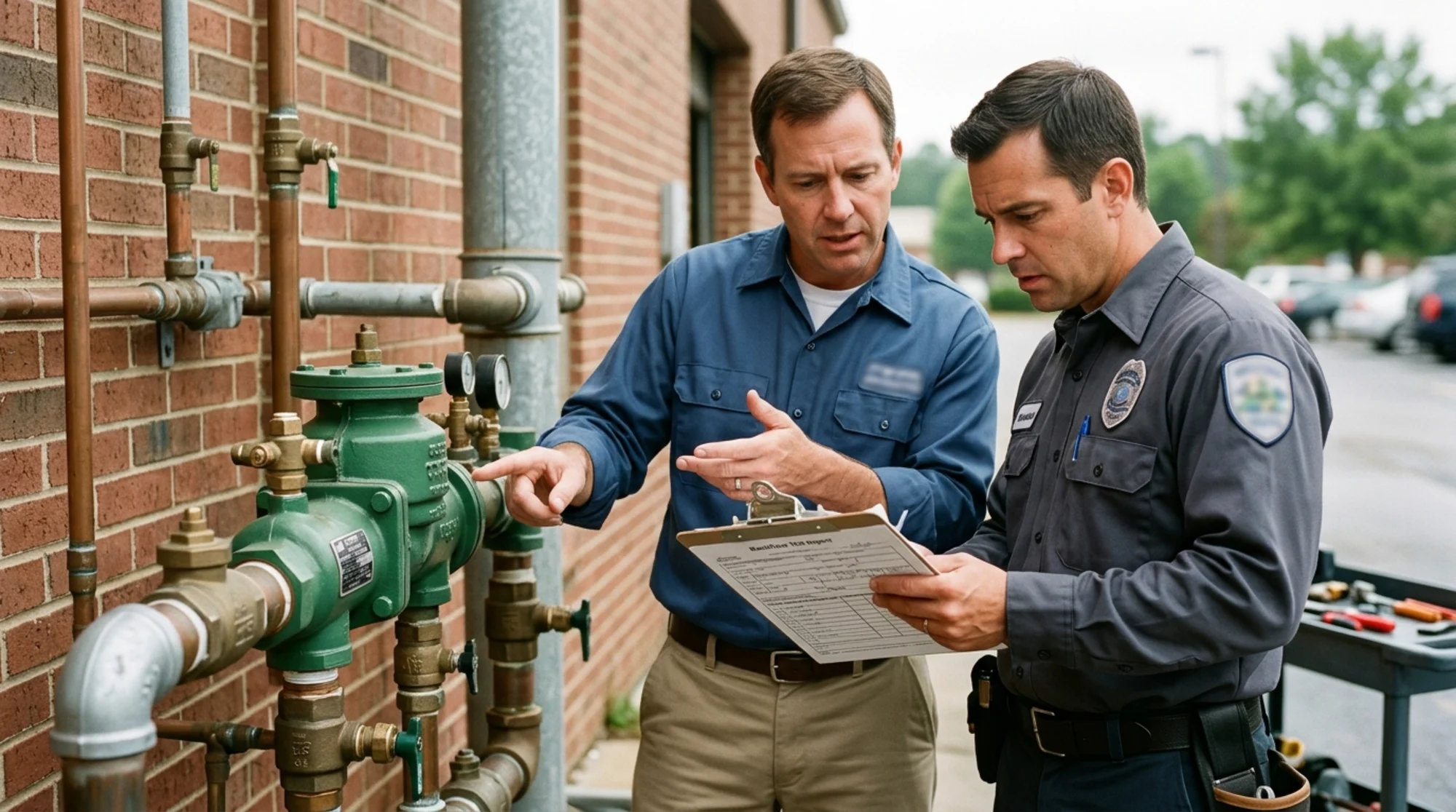 Property manager and certified backflow tester comparing a backflow test report that lists the wrong assembly type beside a commercial backflow preventer