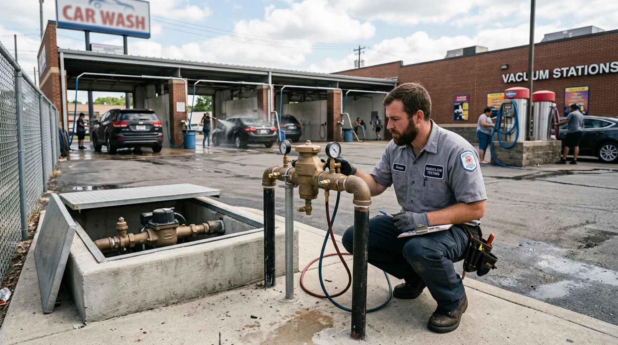 Certified backflow tester inspecting a commercial car wash backflow assembly near the water service connection