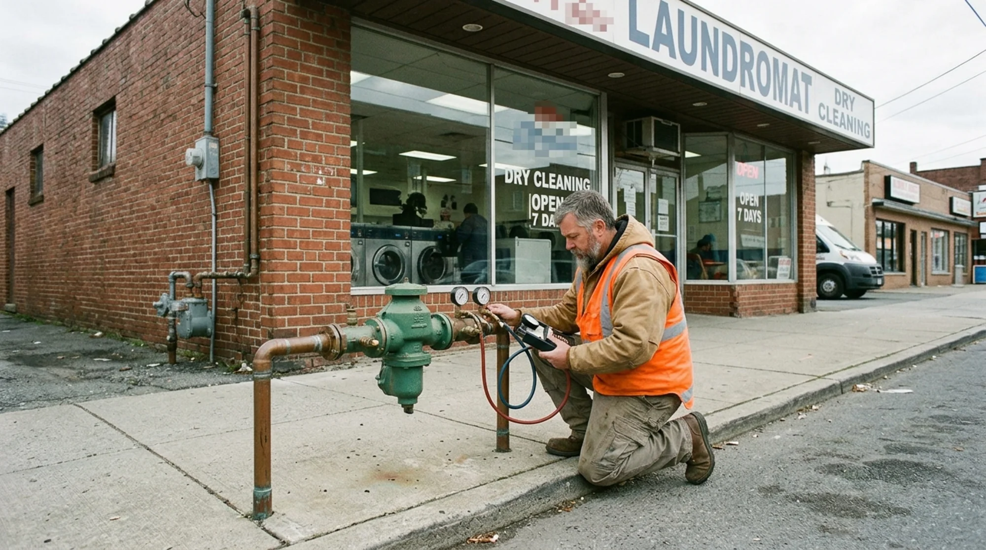 Certified backflow tester inspecting an exterior backflow assembly at a laundromat or dry cleaner