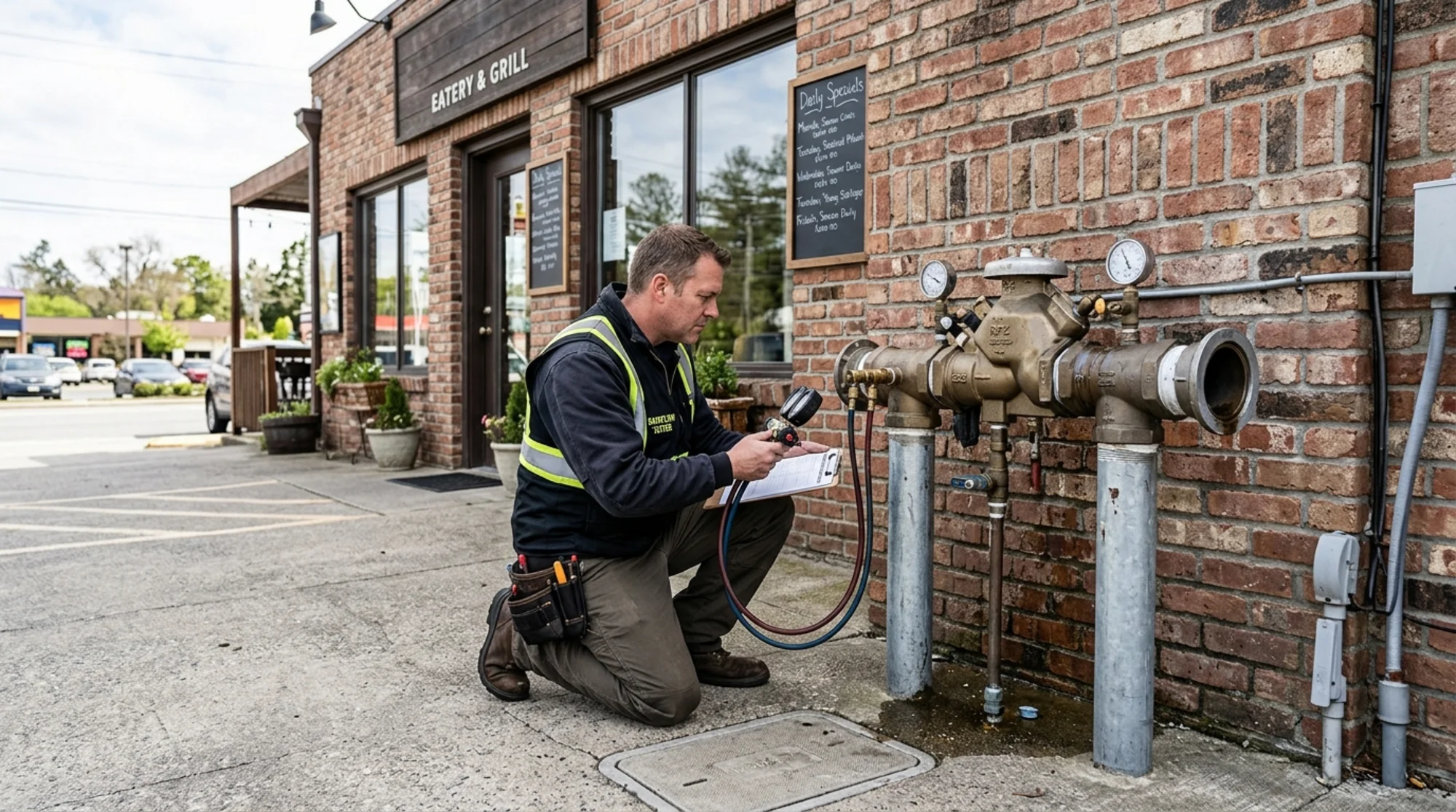 Certified backflow tester inspecting an outdoor RPZ assembly outside a restaurant building