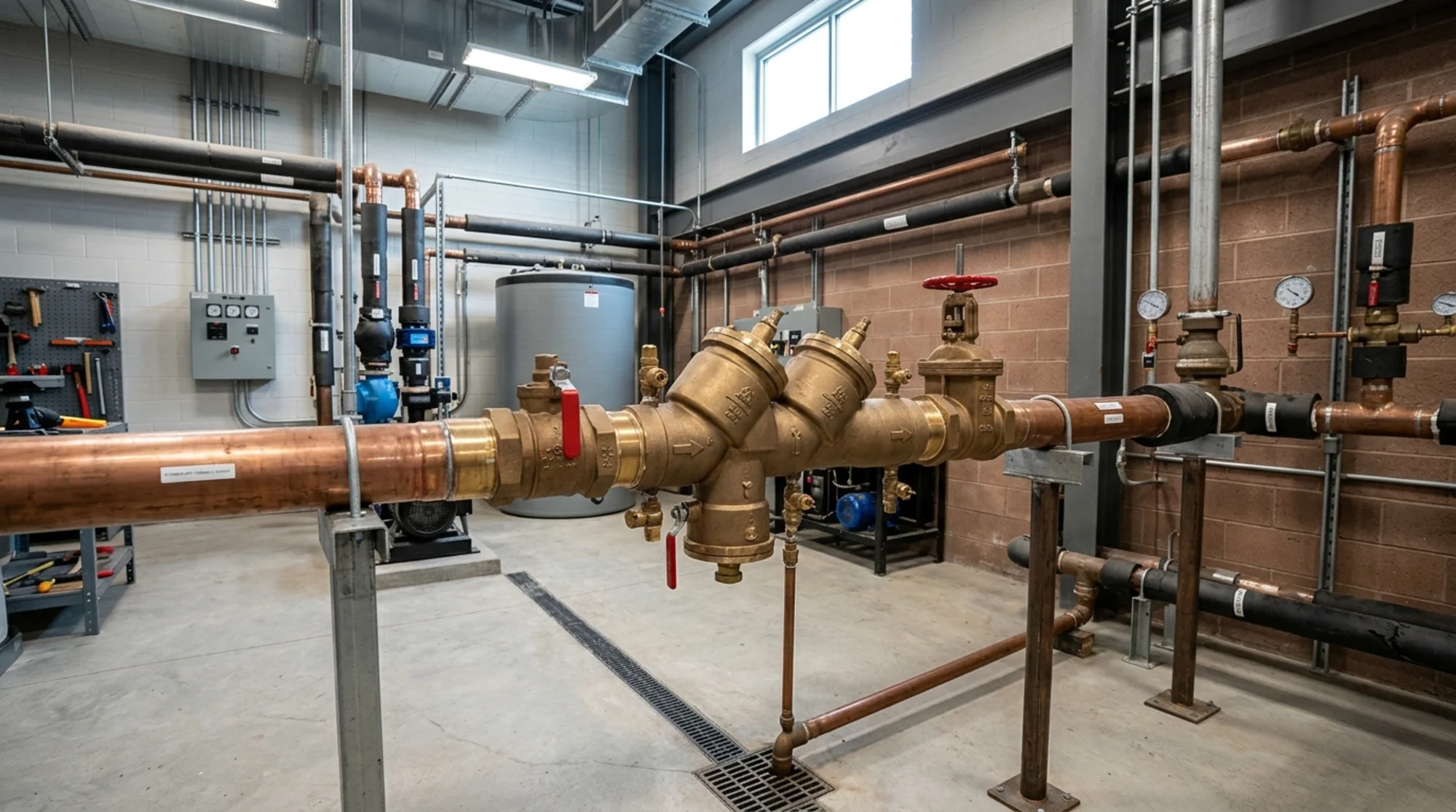 Commercial building mechanical room with a large brass backflow prevention assembly on the main water line