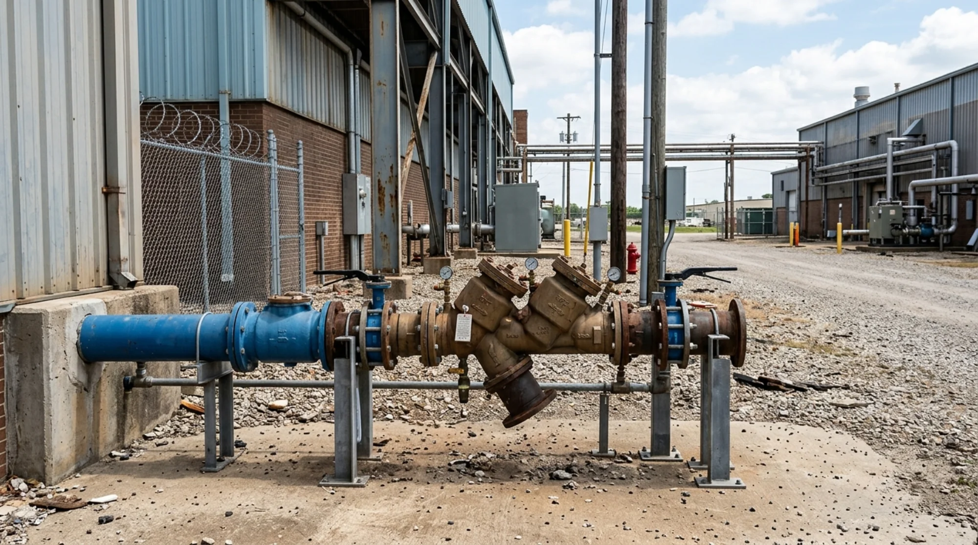 Industrial facility service entrance with a large backflow prevention assembly near the water meter