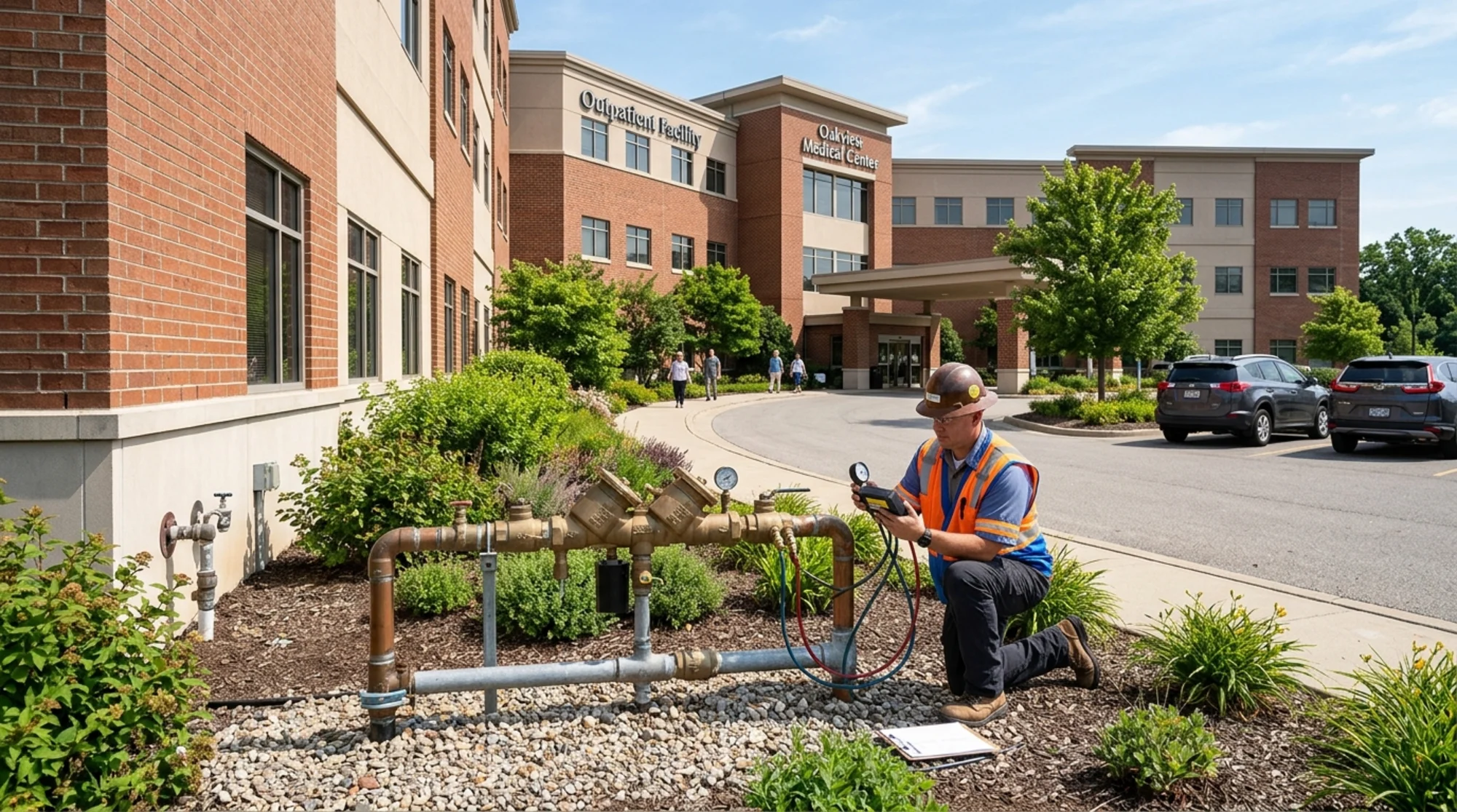 Medical office building with an exterior backflow prevention assembly being inspected by a certified tester