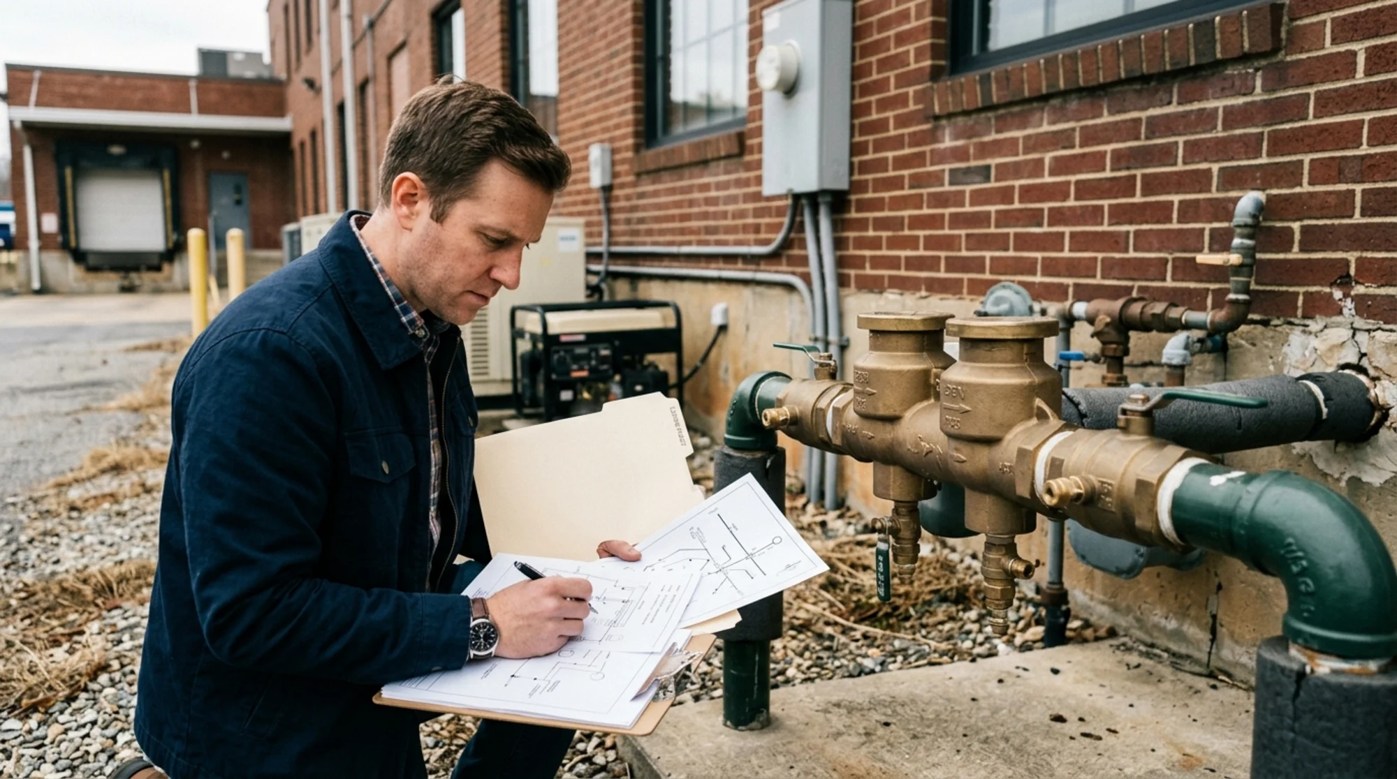 New property owner reviewing a closing packet and a missing backflow compliance file beside an outdoor backflow assembly