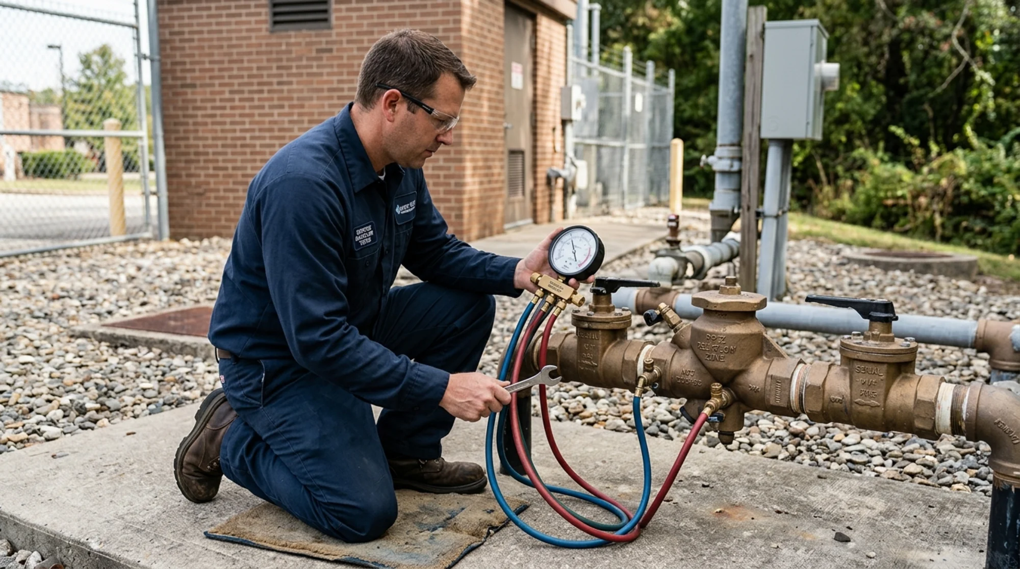 Certified tester connecting differential pressure gauges to a backflow preventer assembly