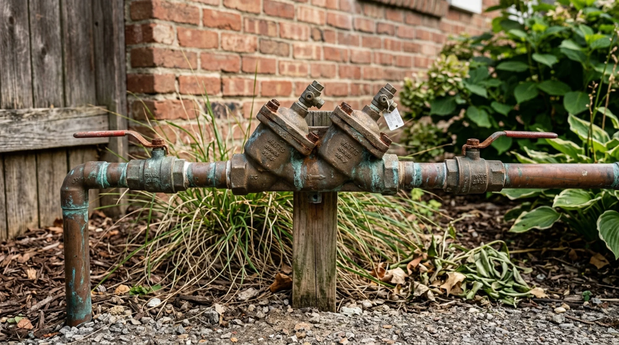 Outdoor backflow prevention assembly on a residential or light commercial service line with visible aging but intact components