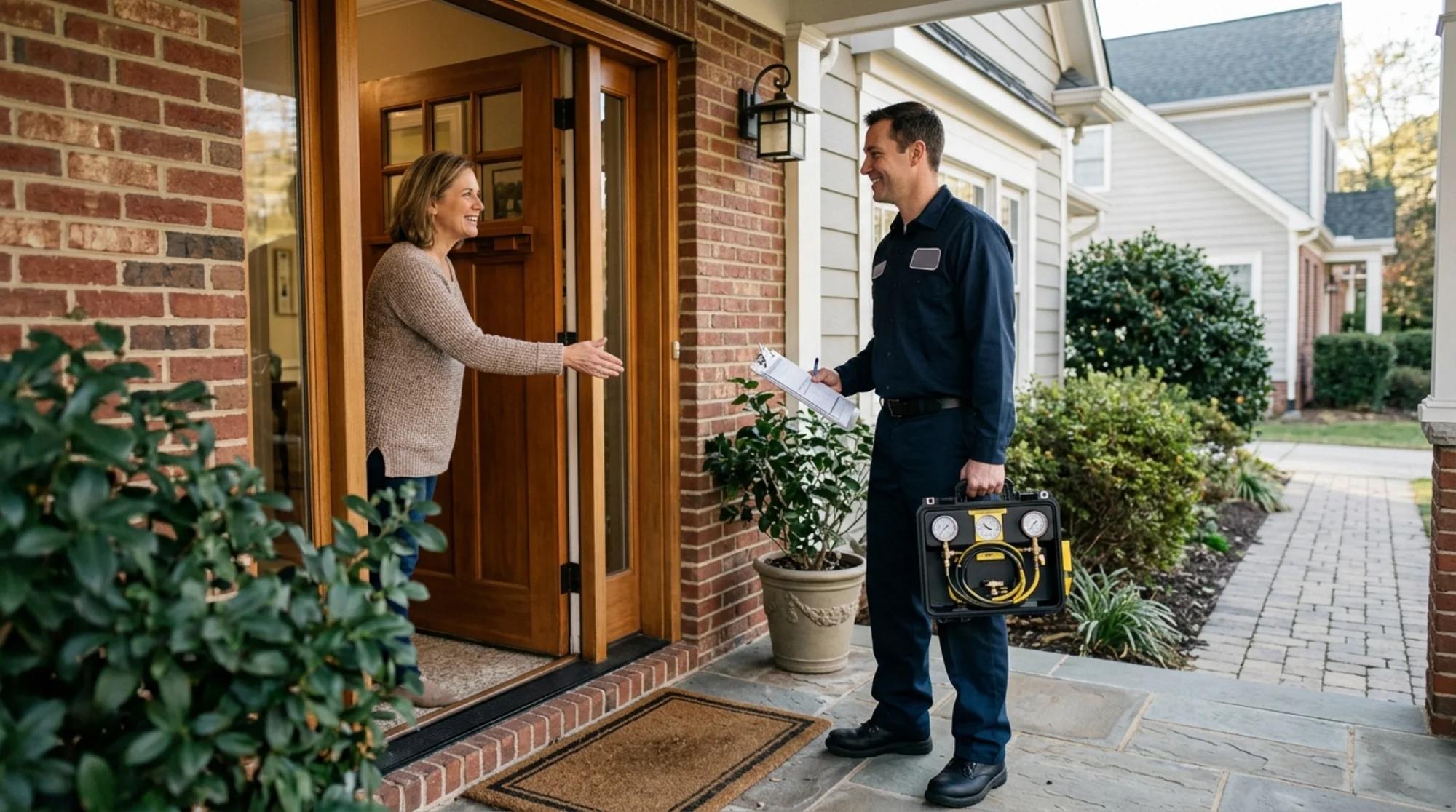 Property owner reviewing a backflow tester's credentials and certification card
