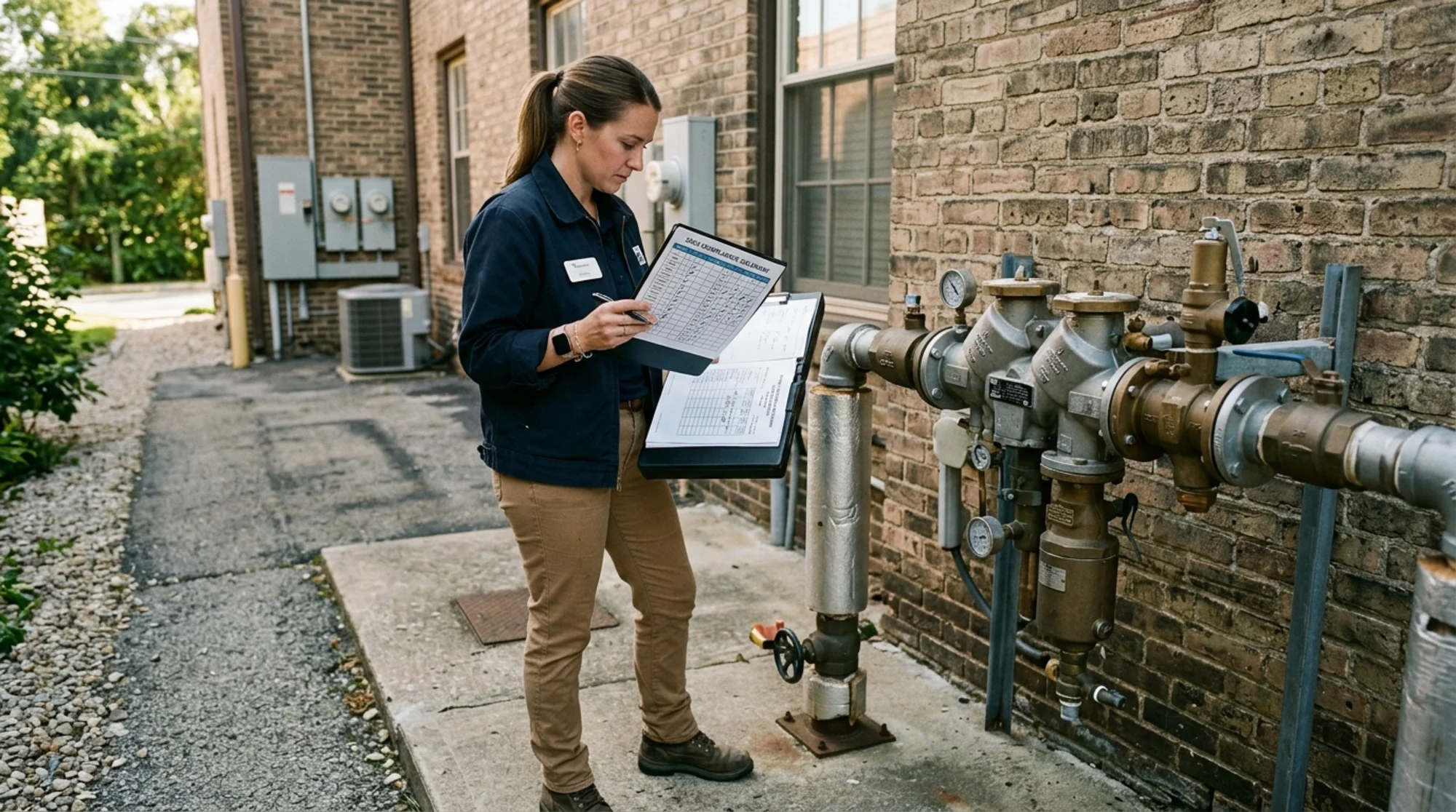 Property manager reviewing a backflow compliance calendar and test records beside an outdoor backflow prevention assembly