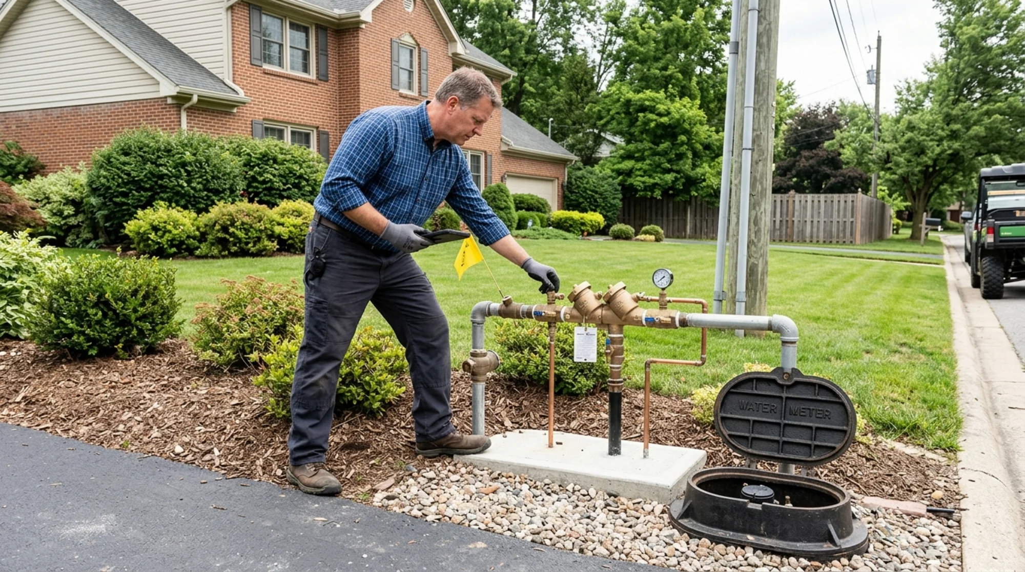 Property owner locating an outdoor backflow preventer near a water meter and landscaped service line