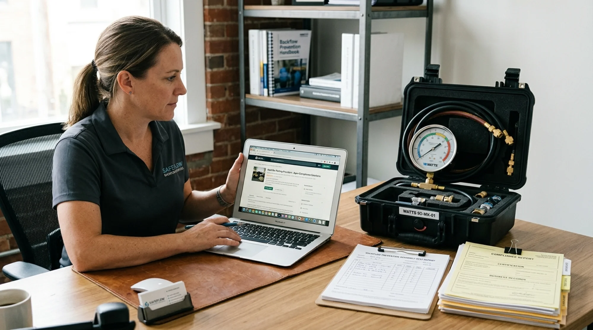Backflow testing company owner reviewing a provider listing on a laptop beside test gauges and compliance paperwork