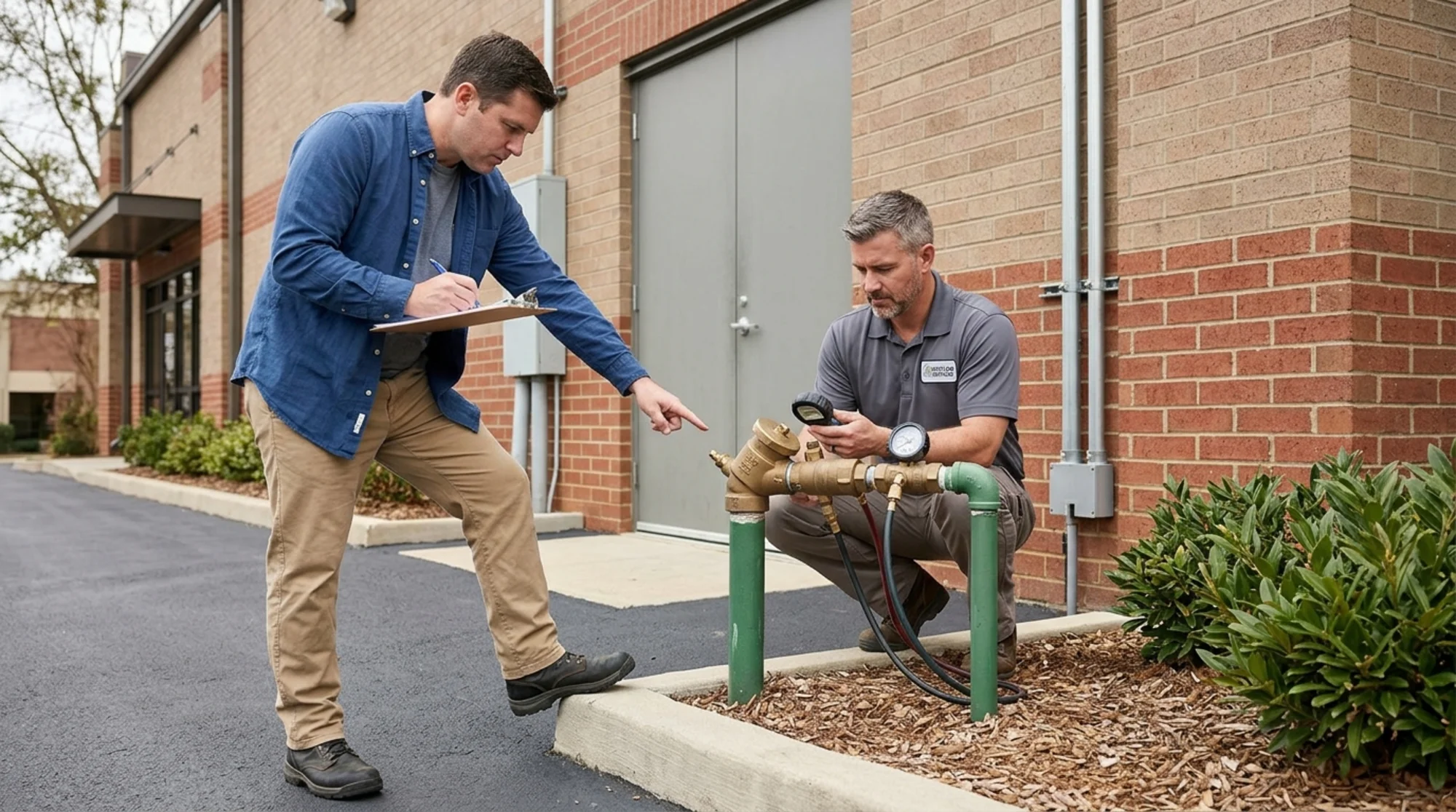 Property manager and certified backflow tester reviewing a commercial backflow assembly before a scheduled annual test