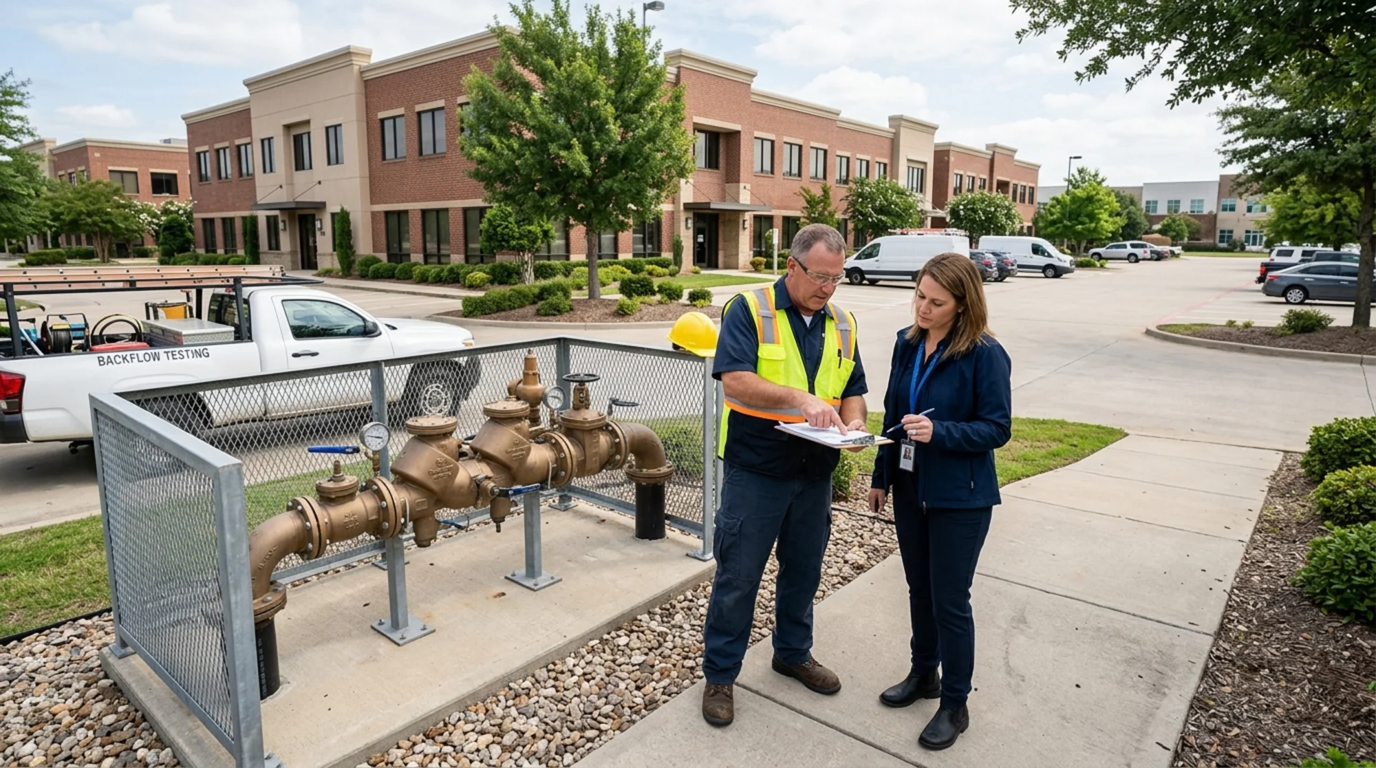 Property manager and certified backflow tester reviewing a multi-property service schedule beside a commercial backflow assembly