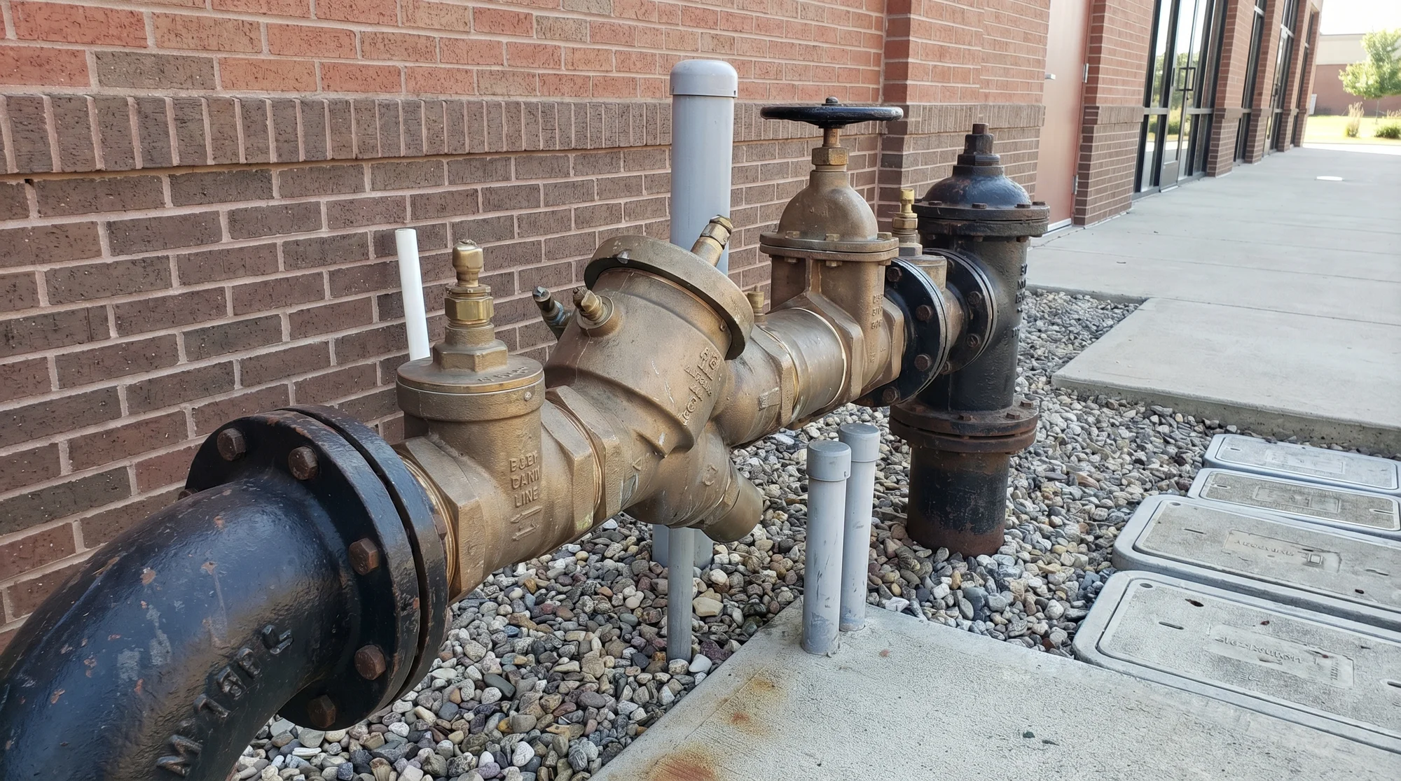 Inline backflow prevention assembly installed directly on a commercial water service line outdoors