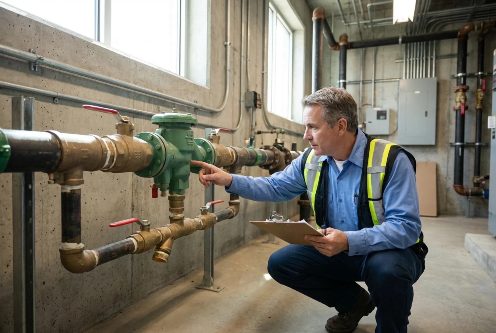 Inline backflow prevention assembly installed directly on a commercial water service line outdoors