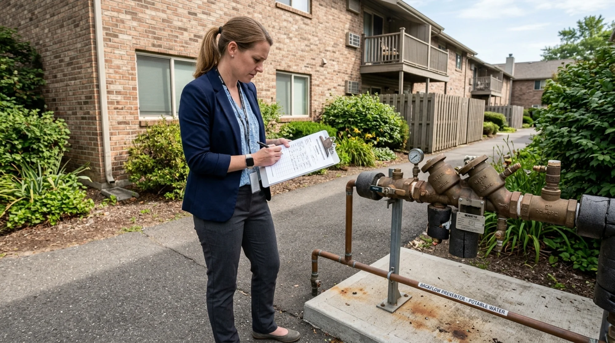 Property manager reviewing a backflow compliance notice next to an outdoor backflow assembly