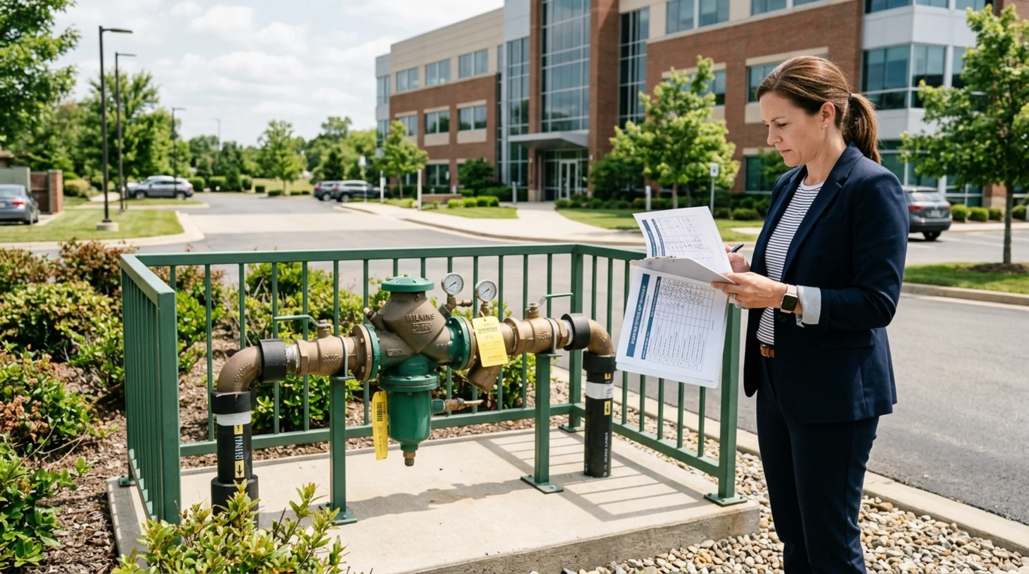 Property manager reviewing a backflow testing SOP checklist beside an outdoor assembly