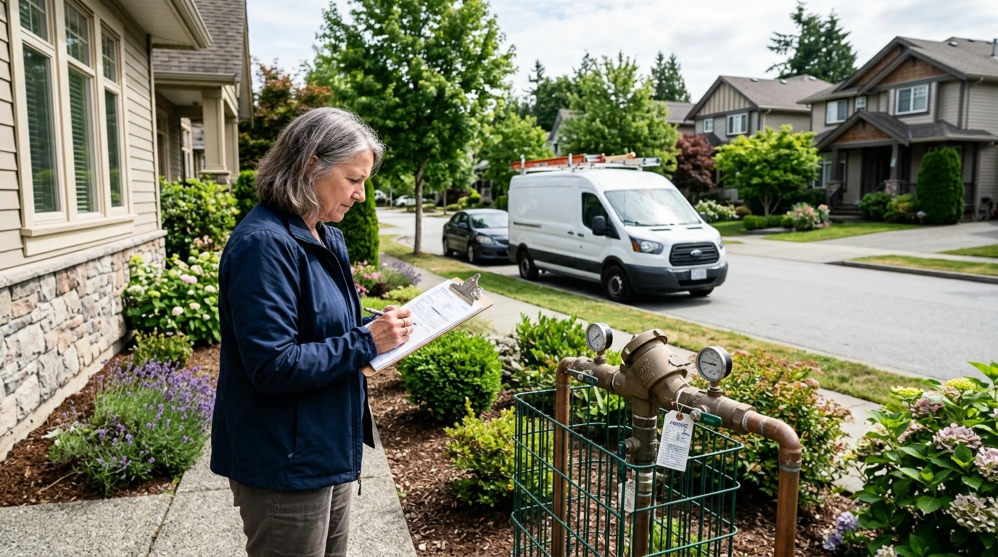 Homeowner reviewing backflow testing paperwork with a clipboard next to an outdoor backflow prevention assembly