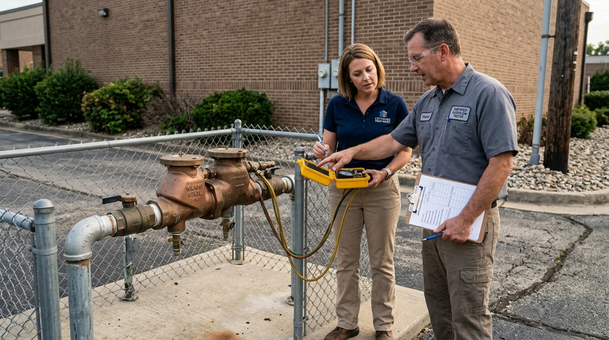Property manager and certified backflow tester reviewing a maintenance checklist beside a commercial backflow assembly