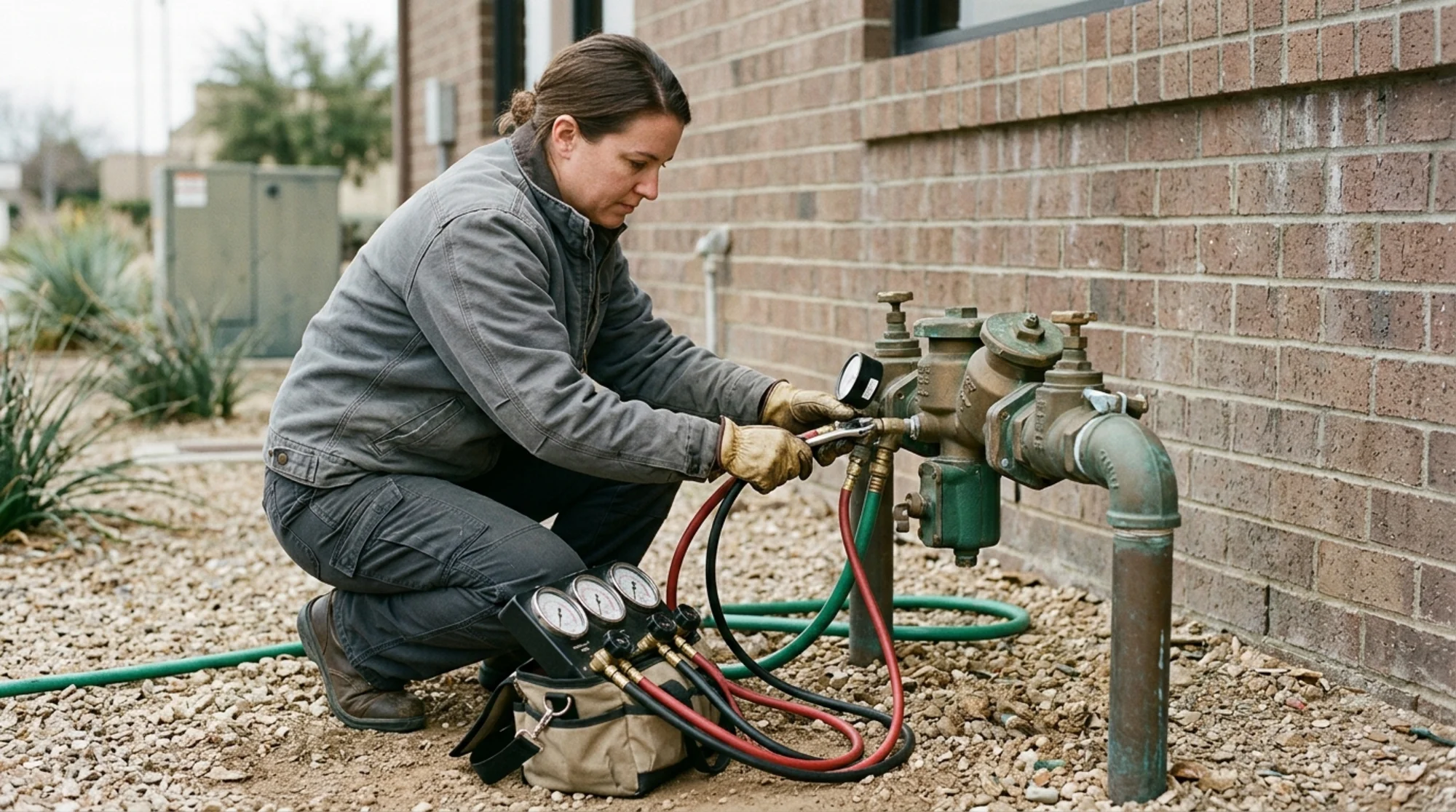 Certified backflow tester connecting differential pressure gauges to an outdoor backflow prevention assembly