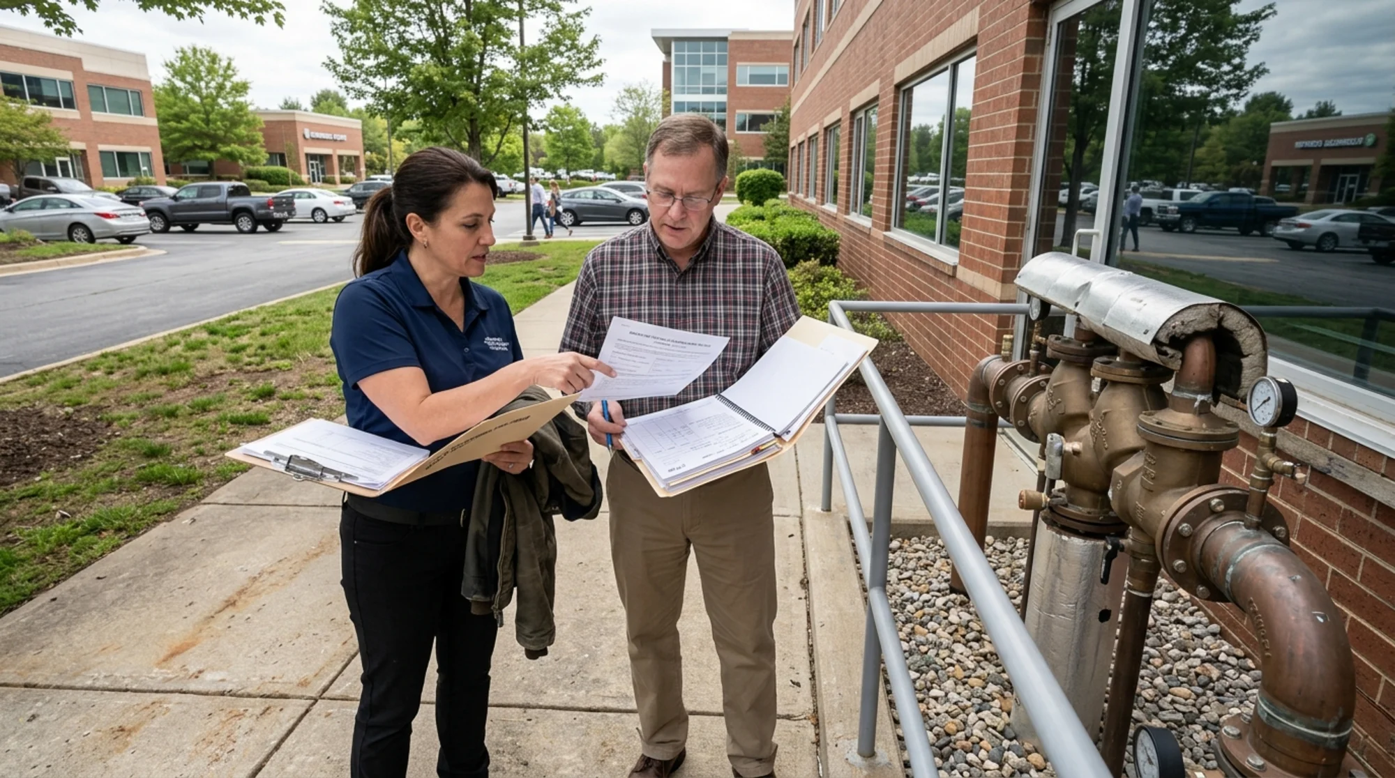 Property manager and bookkeeper reviewing backflow testing invoices and maintenance records beside an exterior assembly