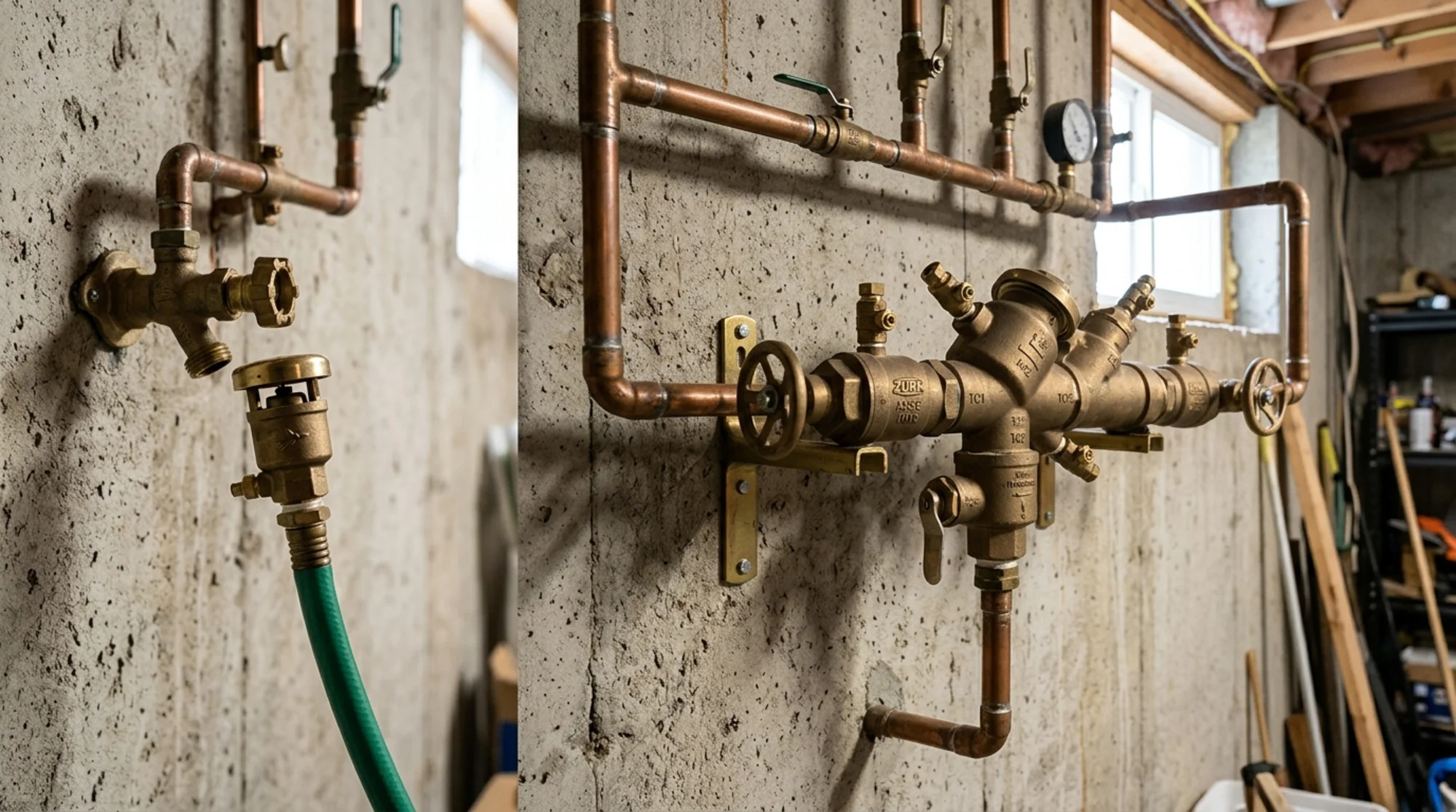Comparison of testable reduced-pressure backflow assembly with test cocks next to a non-testable atmospheric vacuum breaker