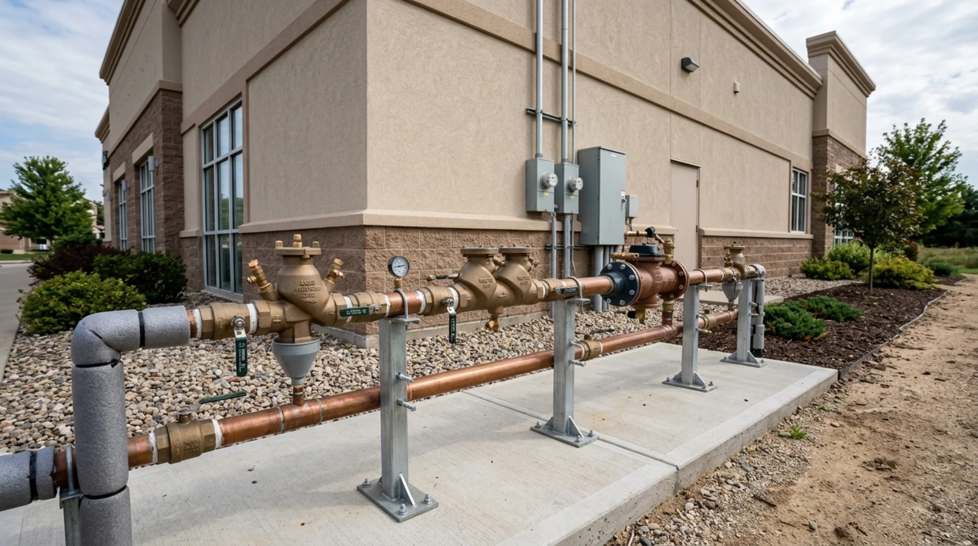 Several commercial backflow prevention assemblies installed on an outdoor water service line