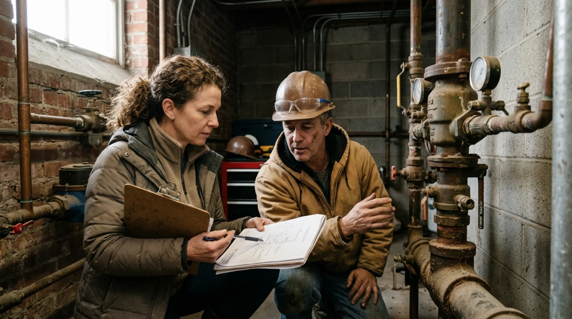 Property manager and plumbing contractor reviewing a backflow preventer replacement plan beside an aging commercial assembly