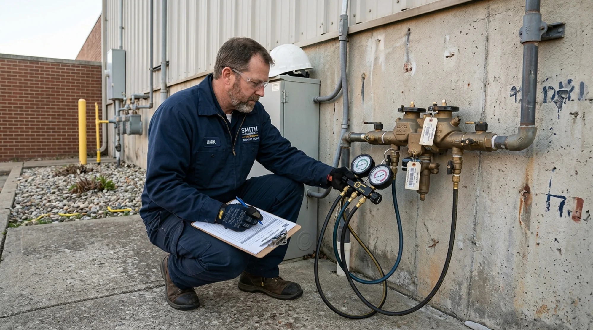 A certified backflow tester crouched beside an RPZ assembly mounted on an outdoor wall, with test gauges attached and a clipboard in hand