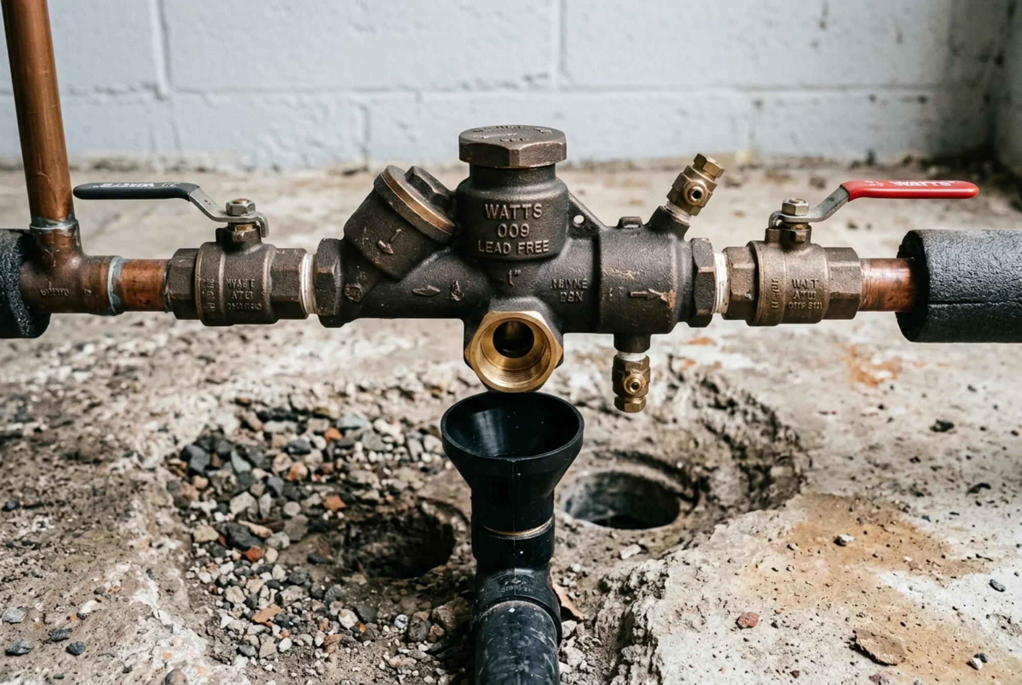 A certified backflow tester crouched beside an RPZ assembly mounted on an outdoor wall, with test gauges attached and a clipboard in hand