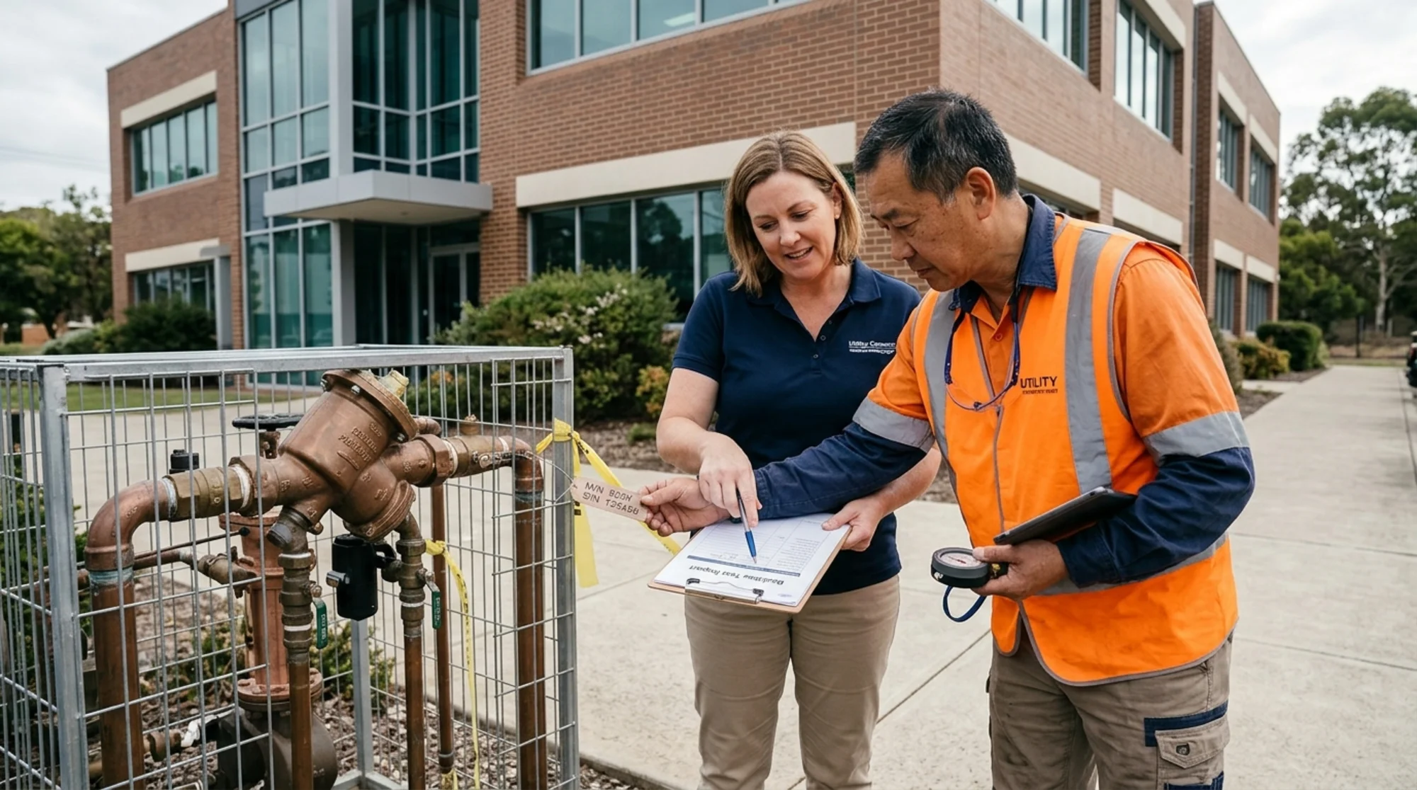 Property manager and certified tester reviewing a backflow test report and serial number details outside a commercial building