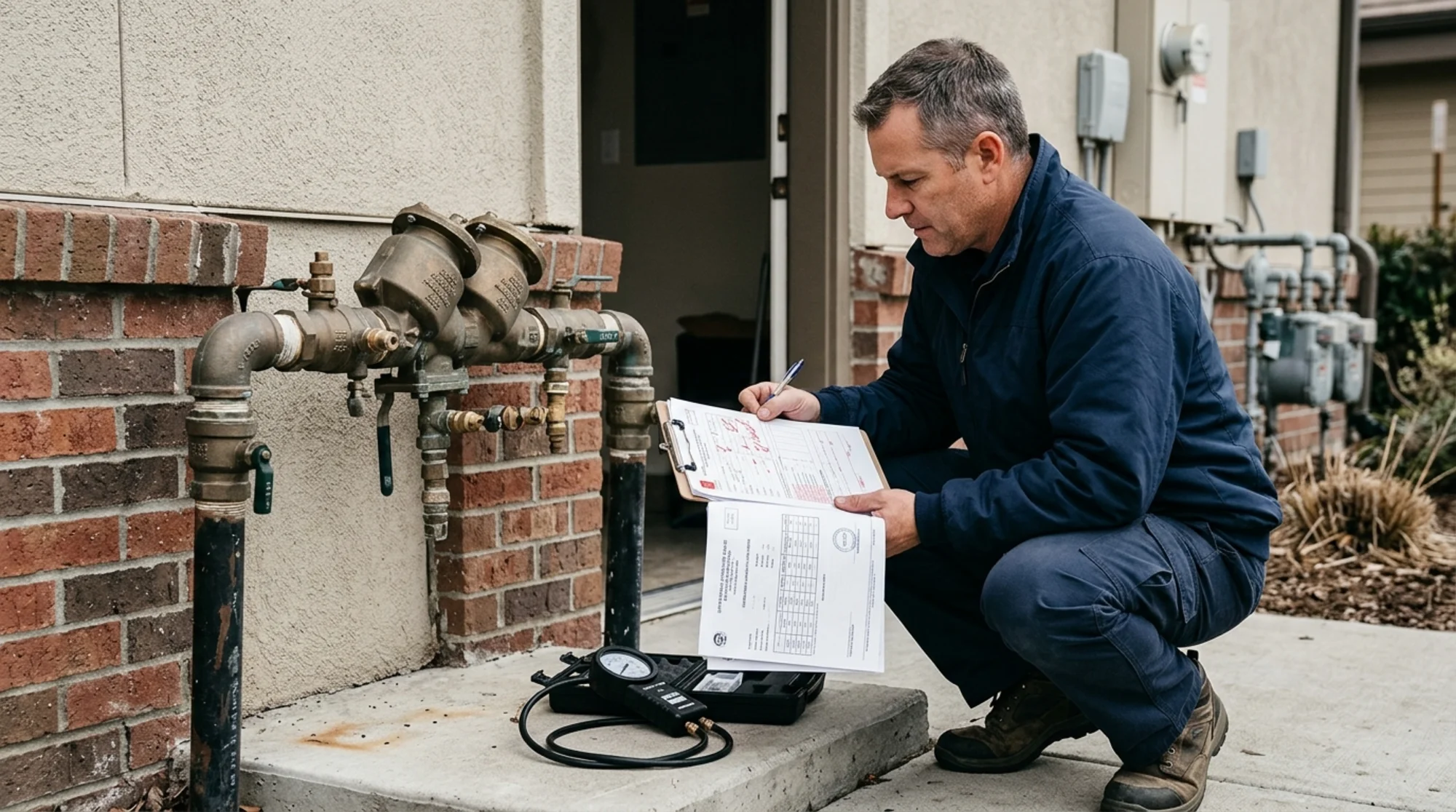 Property manager reviewing a rejected backflow report and gauge calibration certificate beside an outdoor backflow assembly