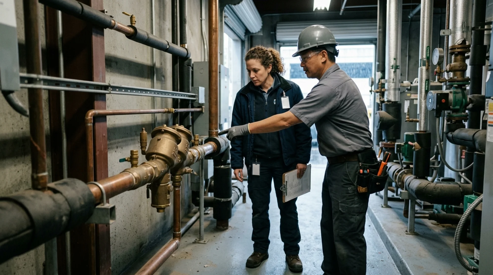 Property manager and licensed tester reviewing a repaired backflow assembly before a required retest