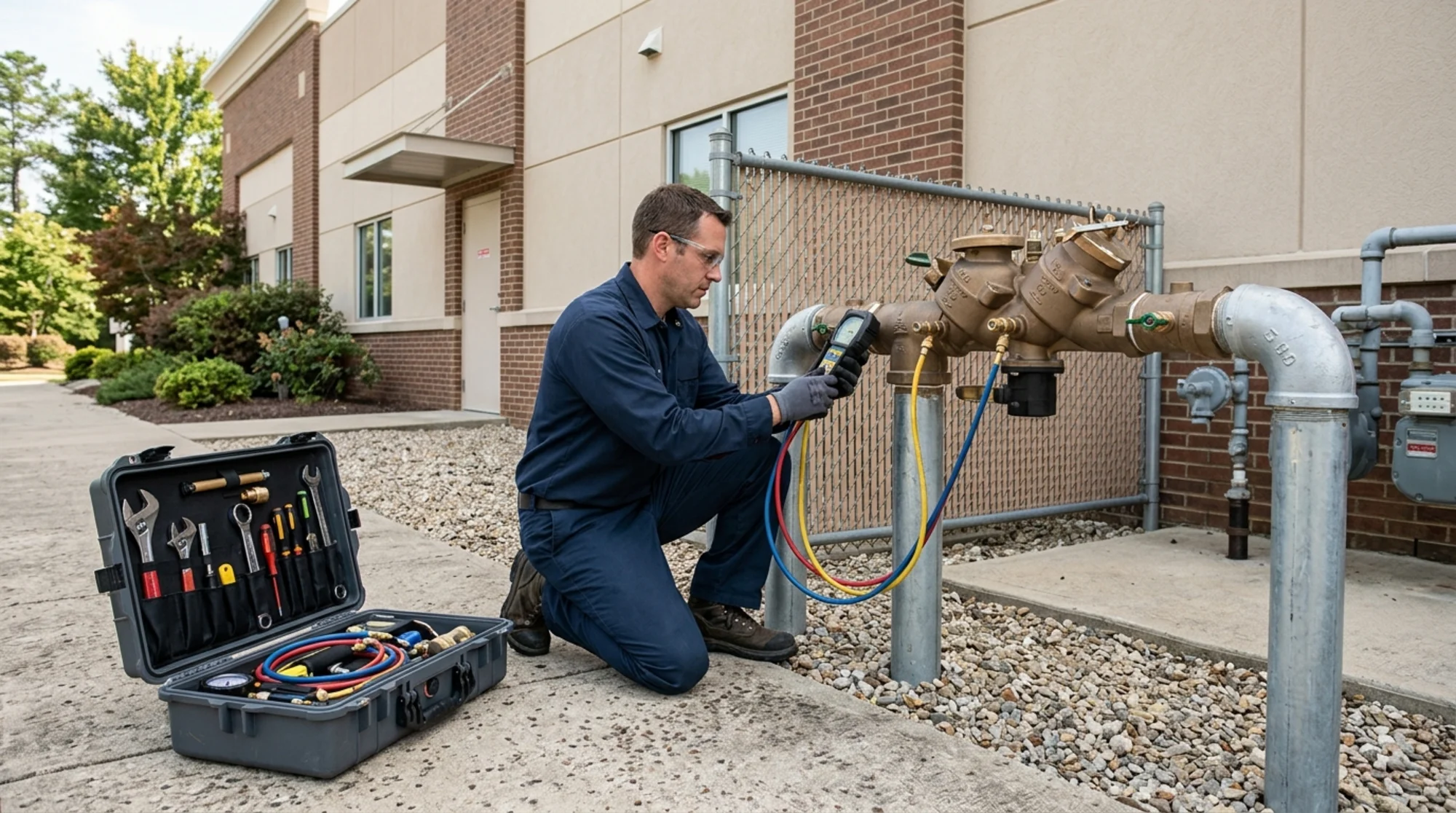 Certified backflow technician rebuilding an outdoor RPZ assembly at a commercial property