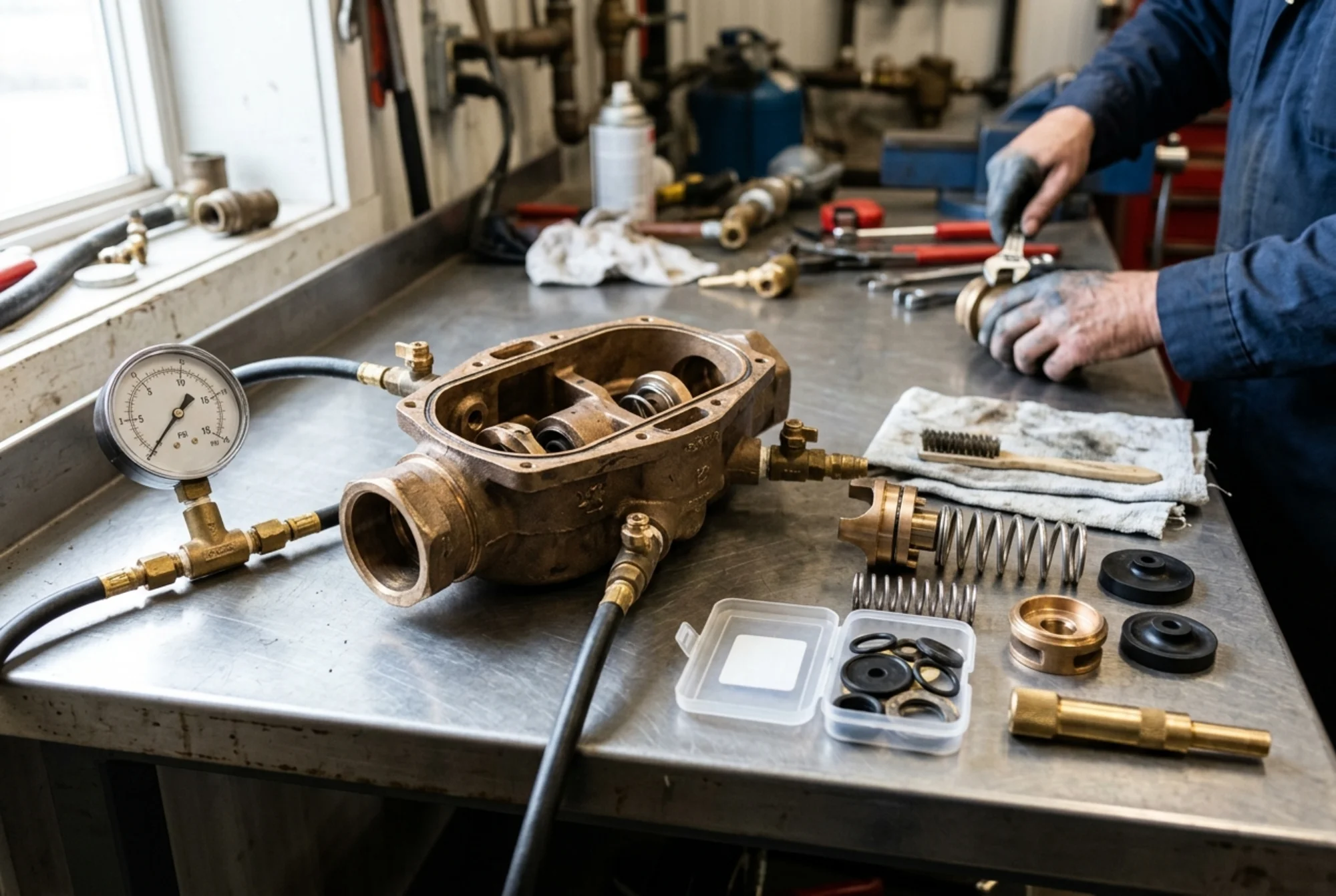 Certified backflow technician rebuilding an outdoor RPZ assembly at a commercial property