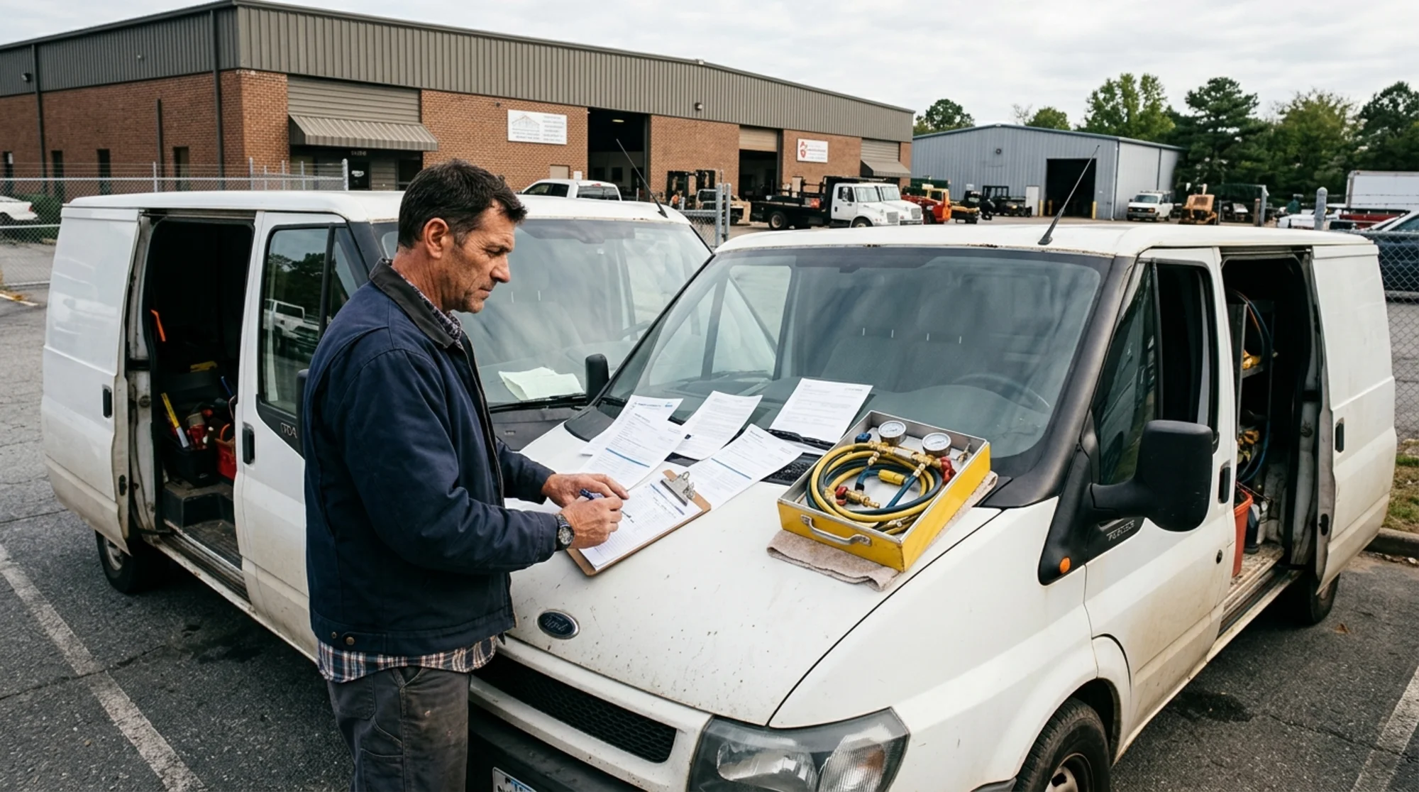 Backflow testing company owner reviewing insurance documents beside a service van and test kit