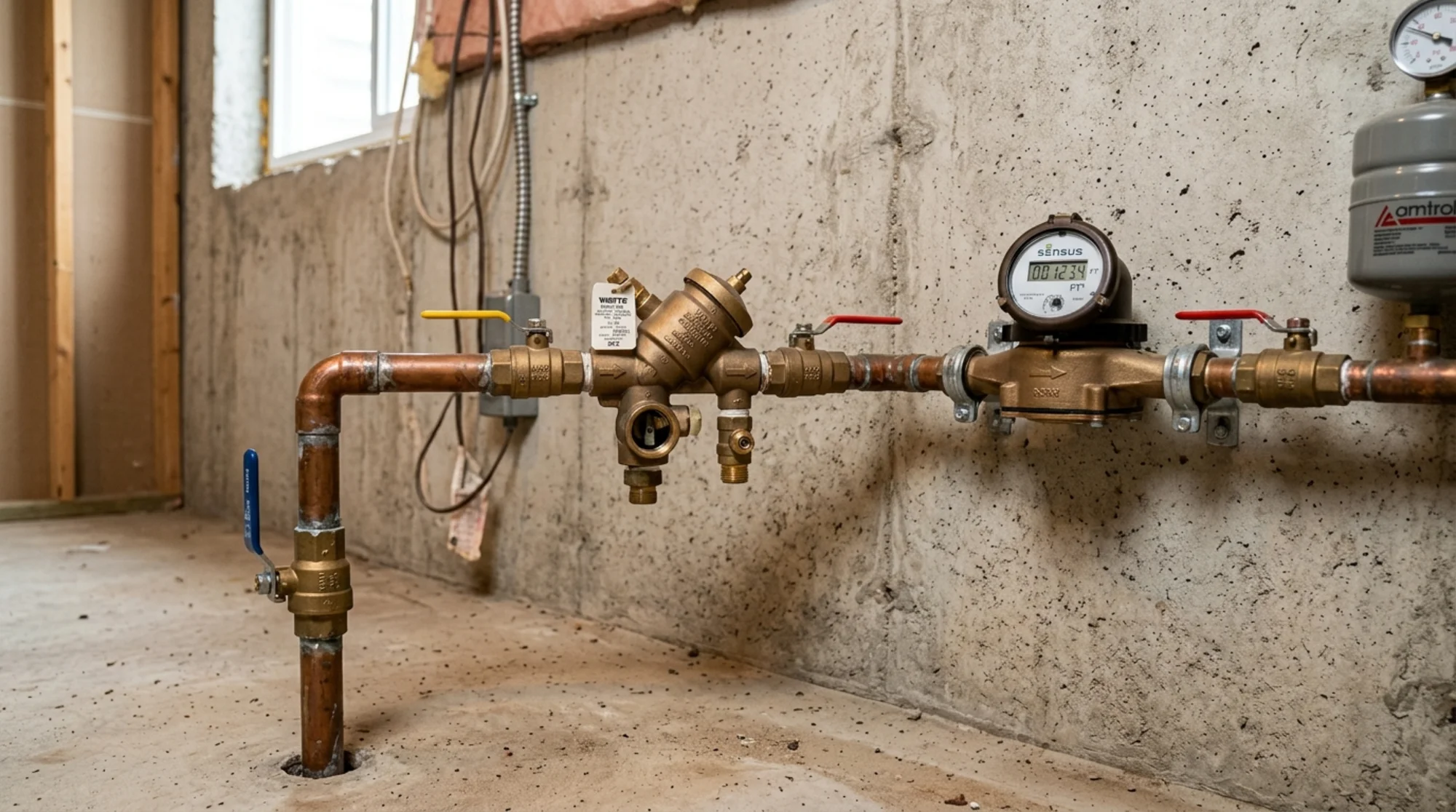 A residential water service entrance showing copper piping and a reduced pressure zone backflow preventer installed horizontally near a wall-mounted meter
