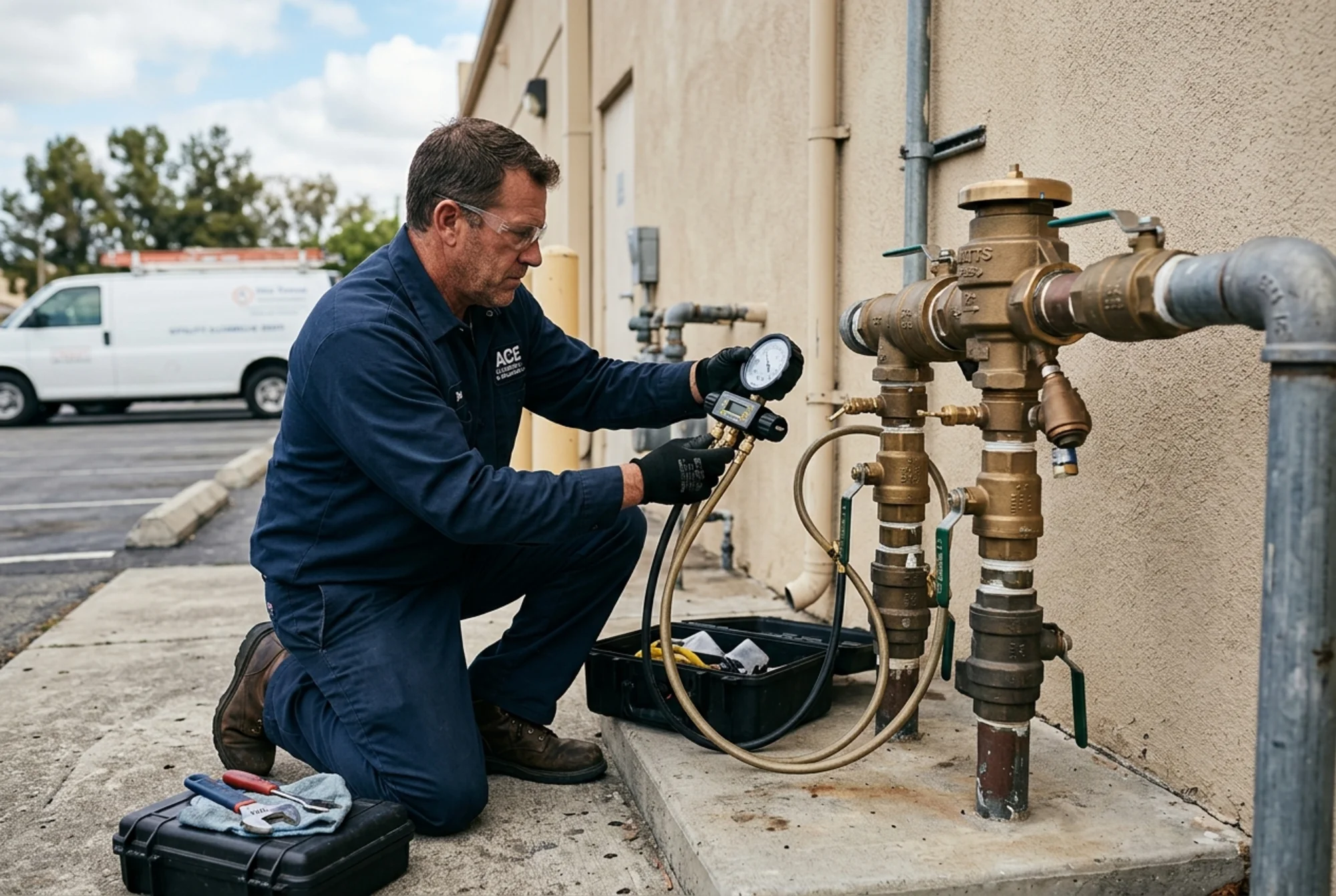 A residential water service entrance showing copper piping and a reduced pressure zone backflow preventer installed horizontally near a wall-mounted meter