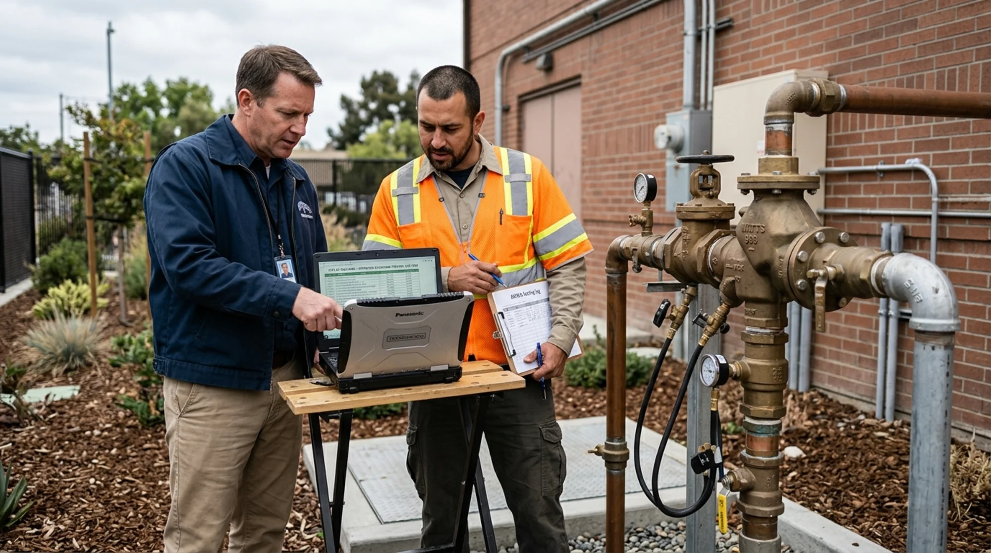 Property manager and backflow tester comparing a utility-approved tester list on a laptop beside an outdoor backflow assembly